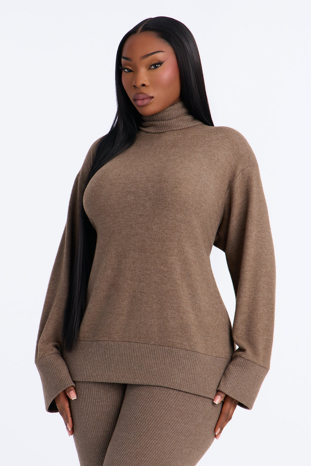 Ella Mock Neck Hacci Pant Set - Brown