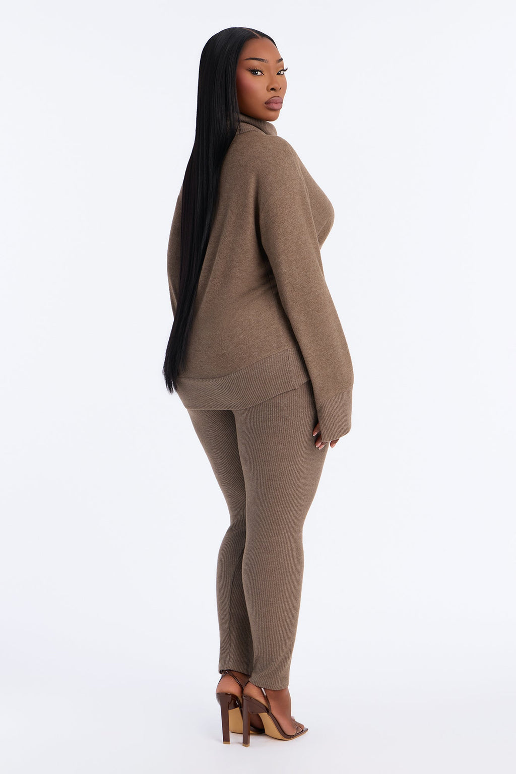 Ella Mock Neck Hacci Pant Set - Brown