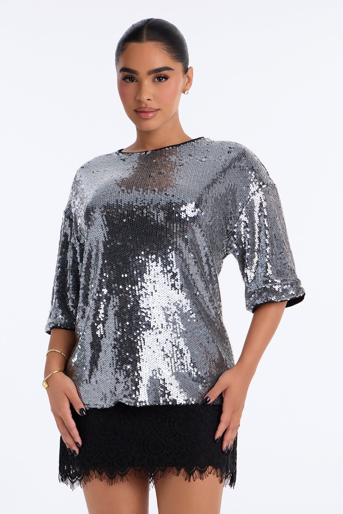 Lights Out Lace Trim Sequin Mini Dress - Black