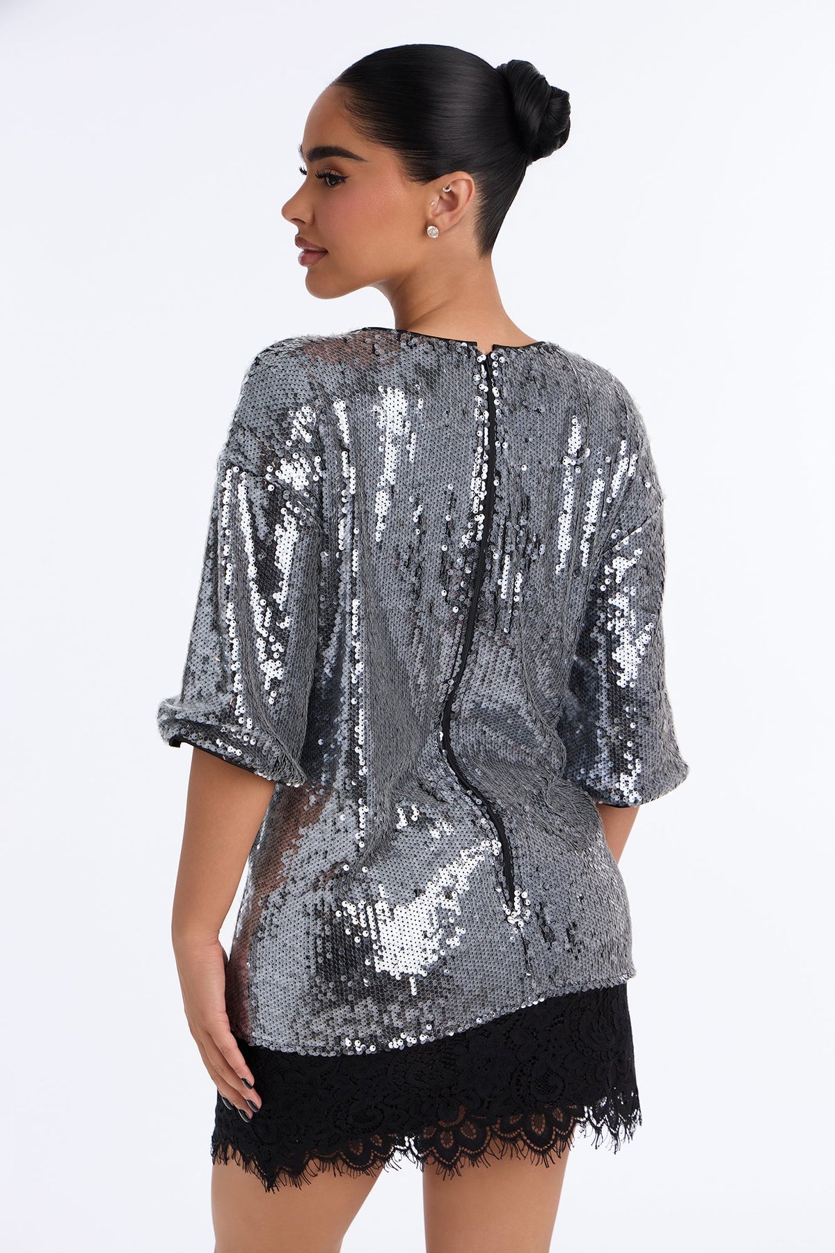 Lights Out Lace Trim Sequin Mini Dress - Black