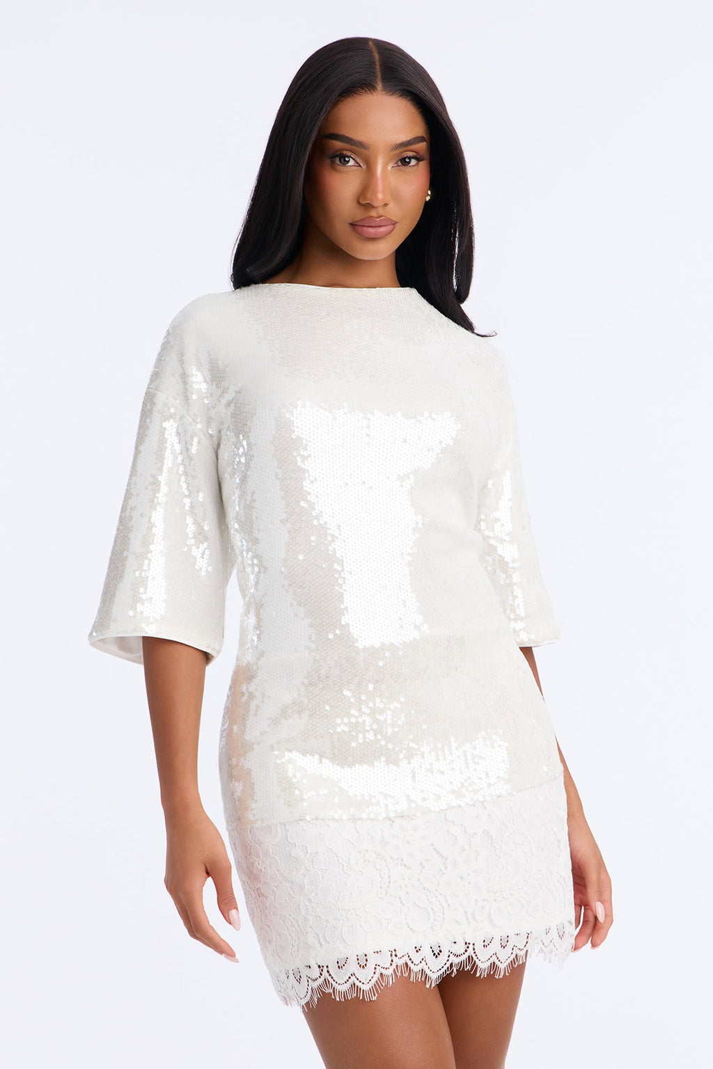Lights Out Lace Trim Sequin Mini Dress - Cream