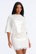 Lights Out Lace Trim Sequin Mini Dress - Cream