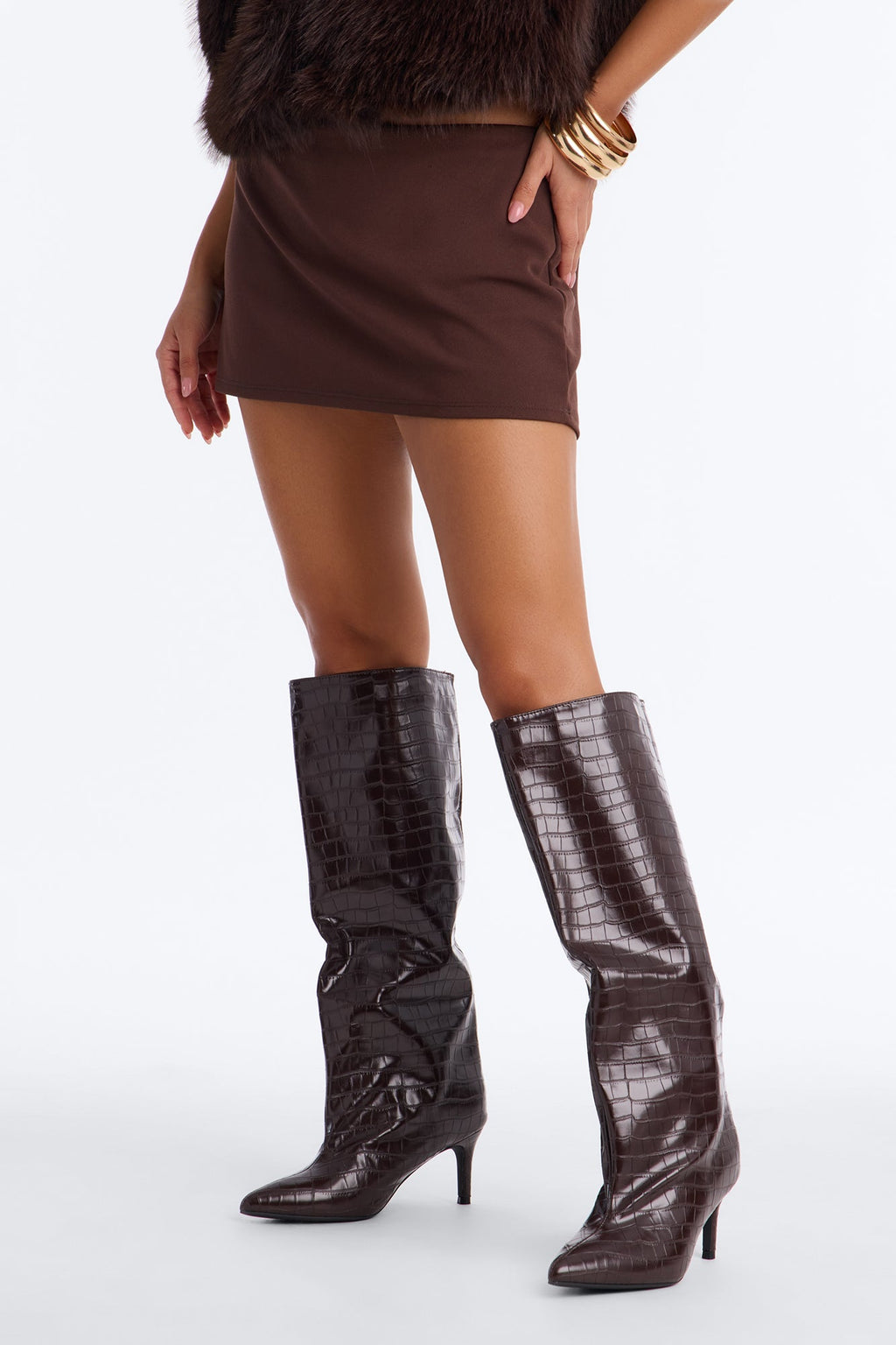 Newark Croc Stiletto Boots - Brown