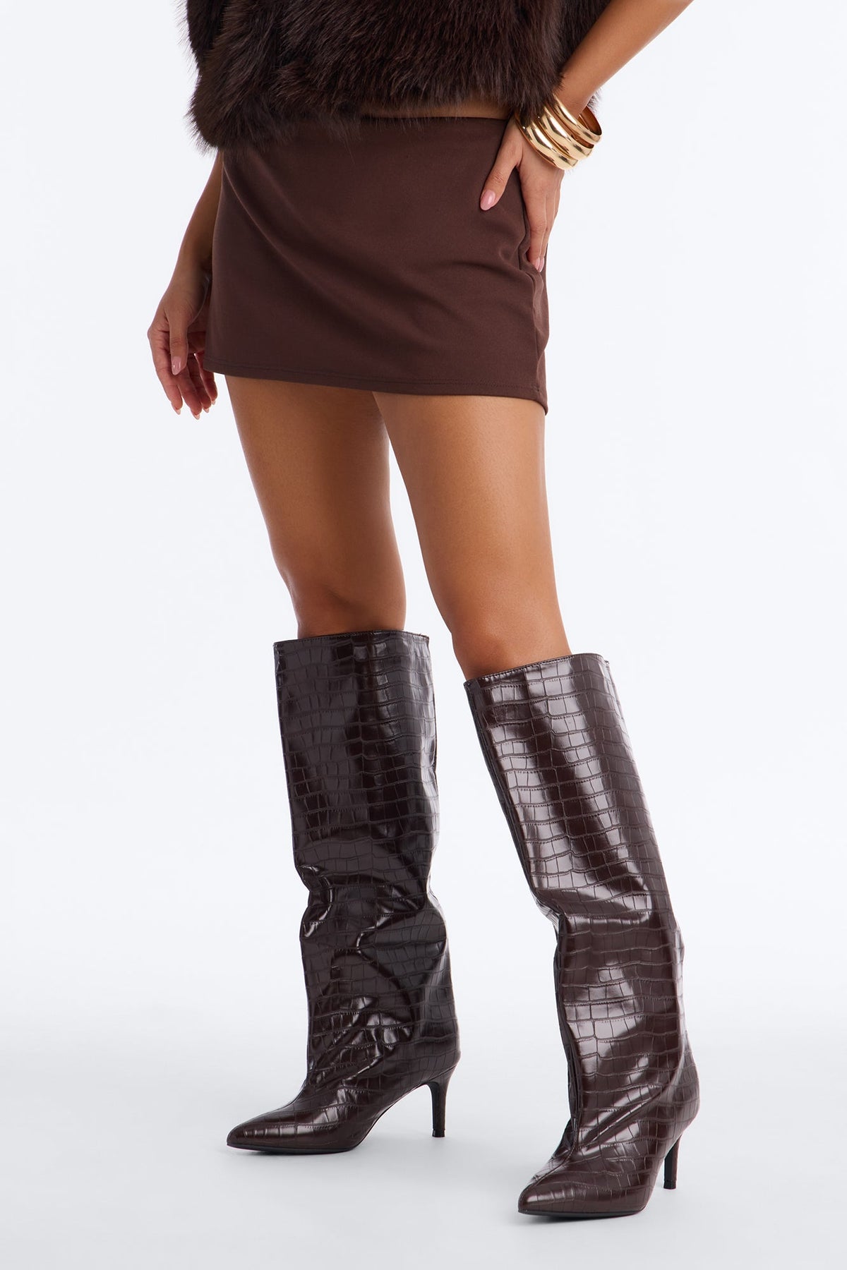 Newark Croc Stiletto Boots - Brown