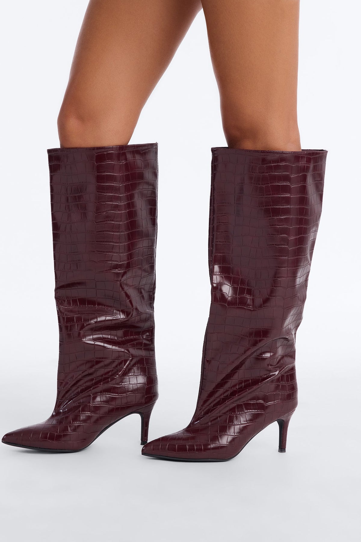 Newark Croc Stiletto Boots - Wine