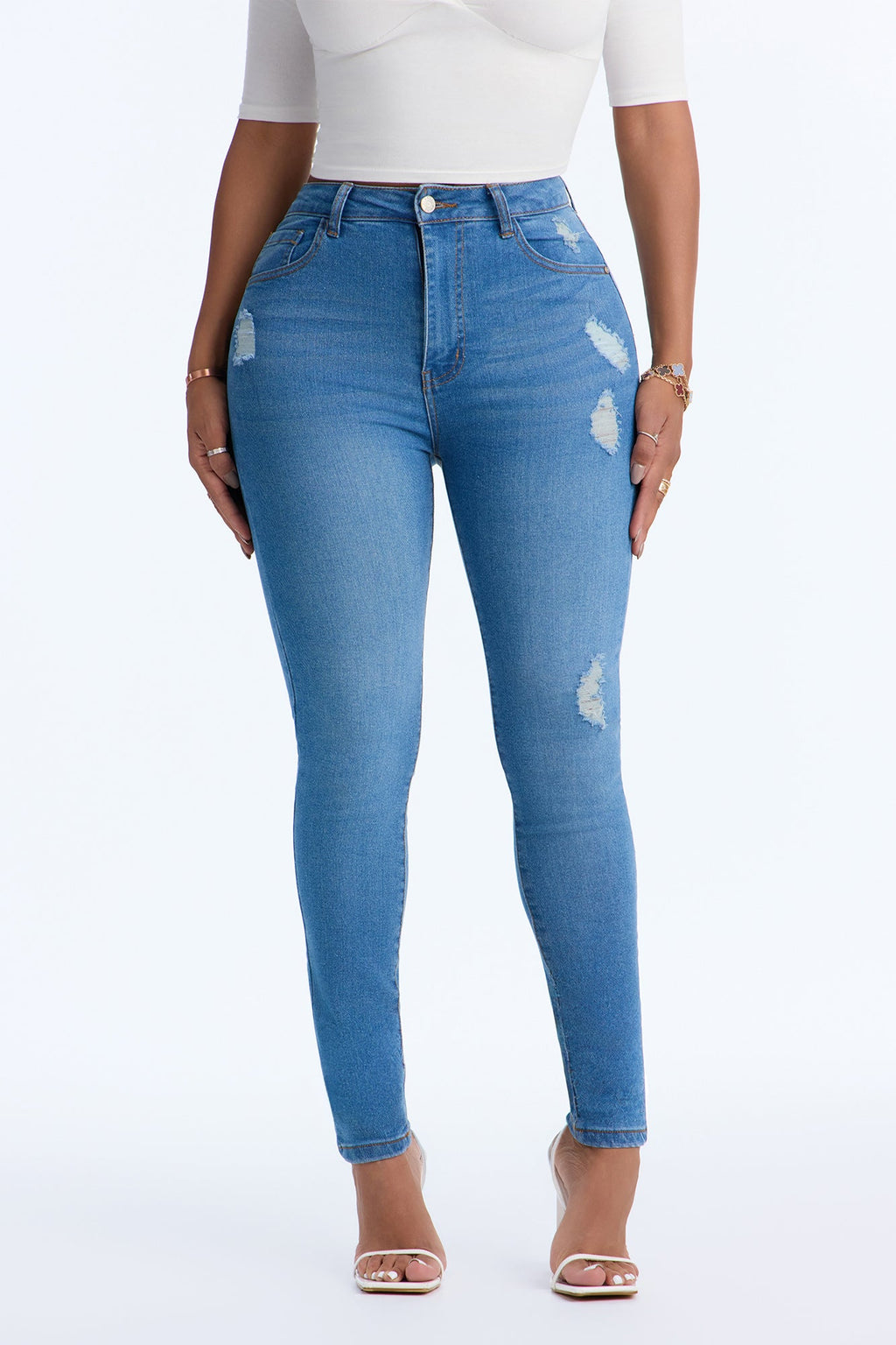 Give It Time High Rise Ripped Skinny Jeans - Medium Wash