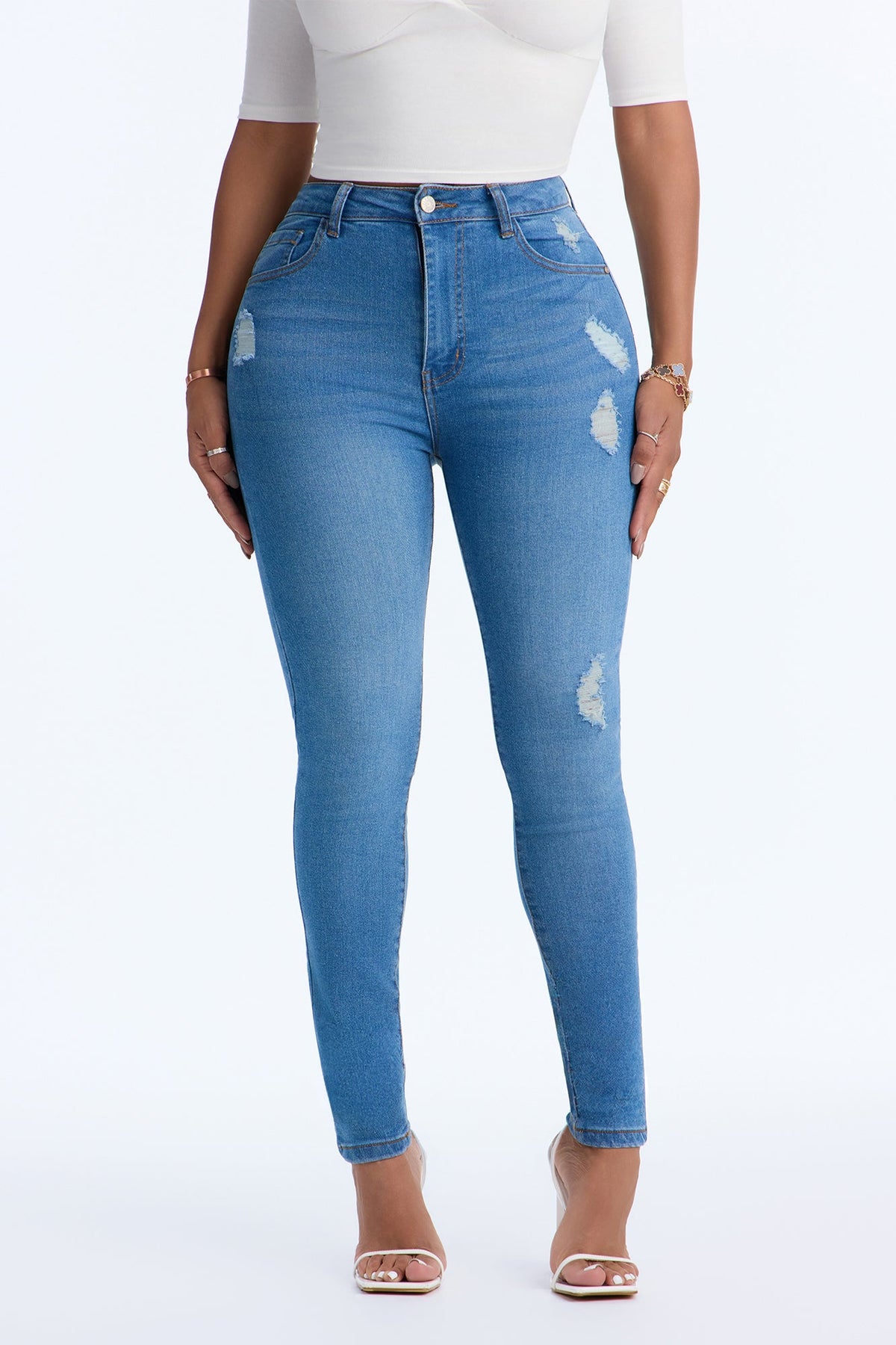 Give It Time High Rise Ripped Skinny Jeans - Medium Wash