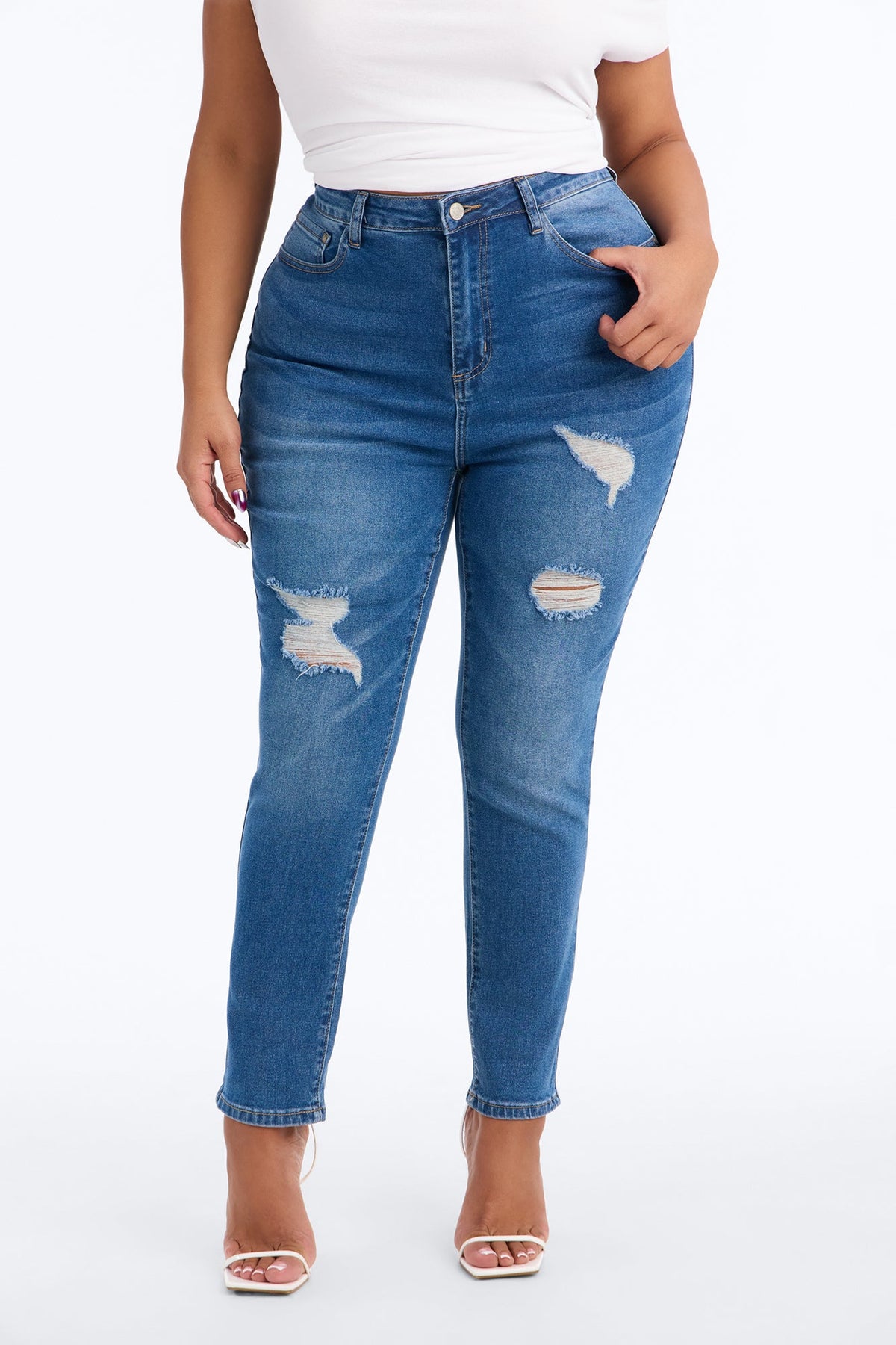 Give It Time High Rise Ripped Skinny Jeans - Medium Wash