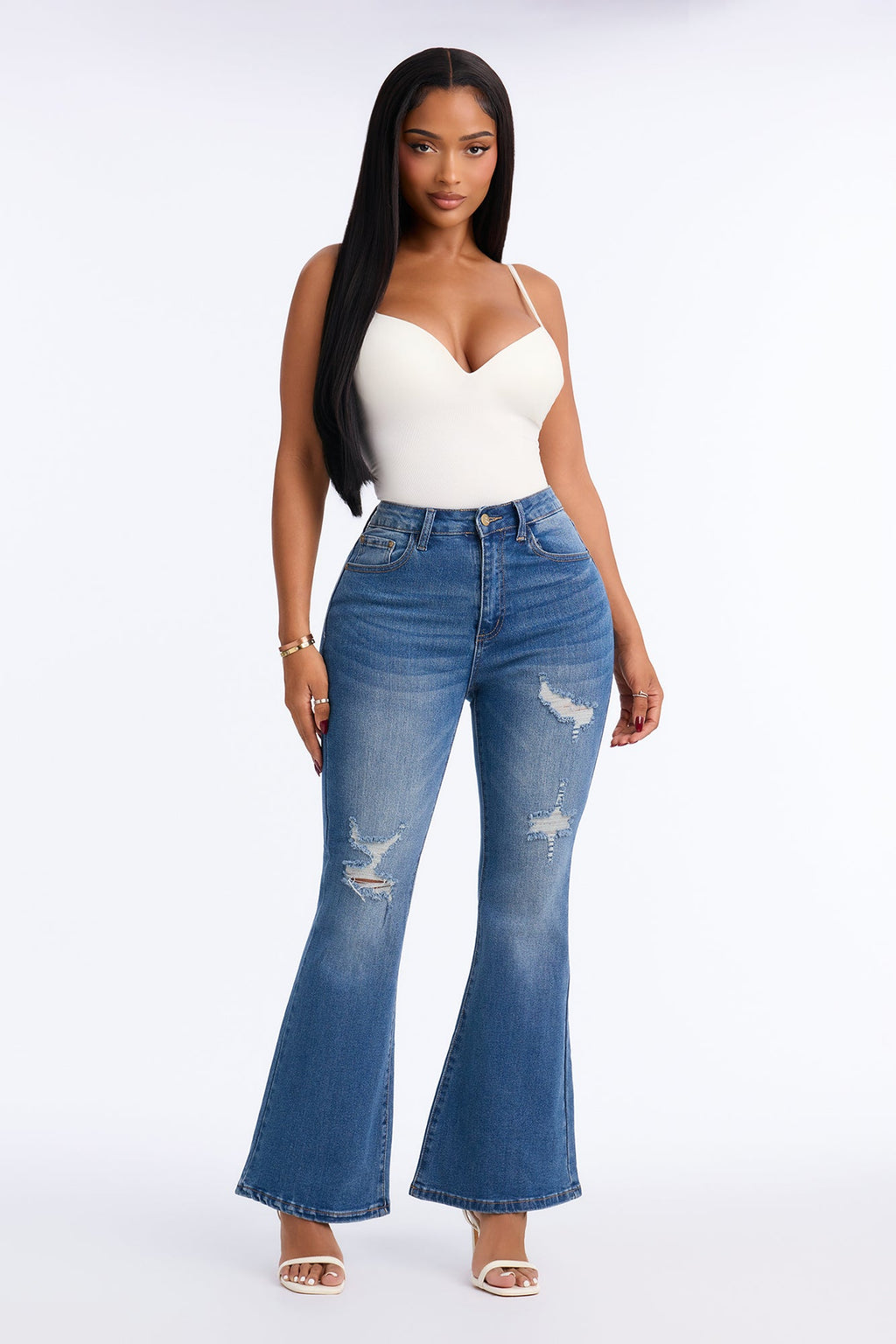 On A Whim Ripped Ankle Length Flare Leg Jeans - Medium Wash