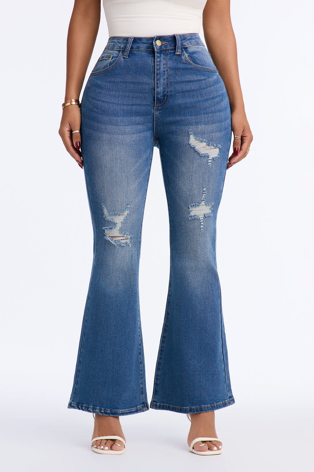 On A Whim Ripped Ankle Length Flare Leg Jeans - Medium Wash