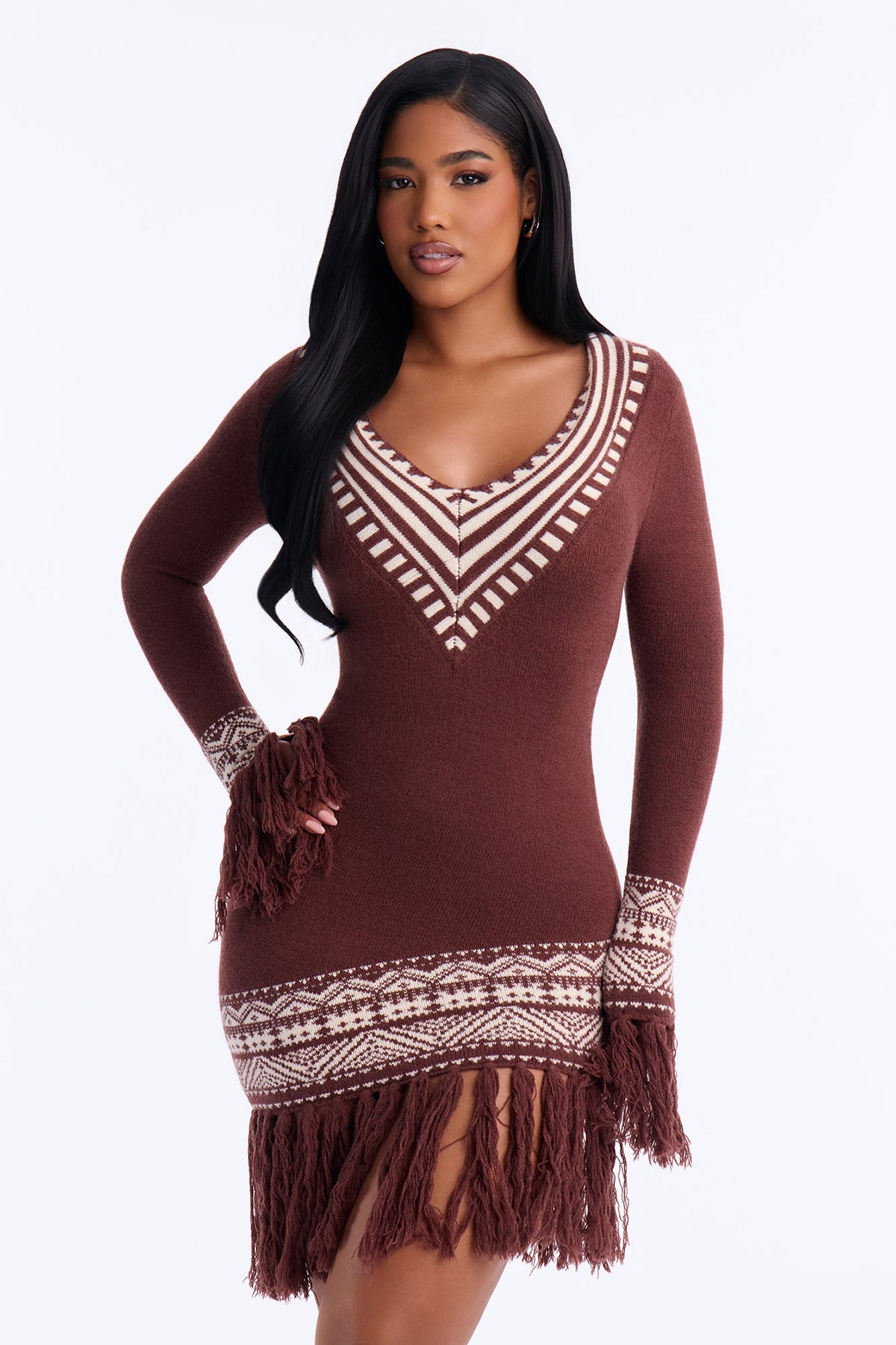 Carla Fair Isle Fringe Sweater Midi Dress - Chocolate/Combo