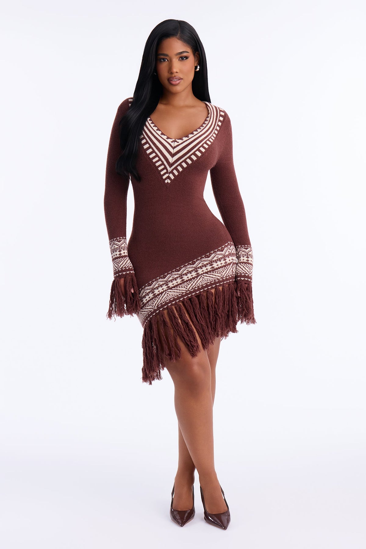 Carla Fair Isle Fringe Sweater Midi Dress - Chocolate/Combo