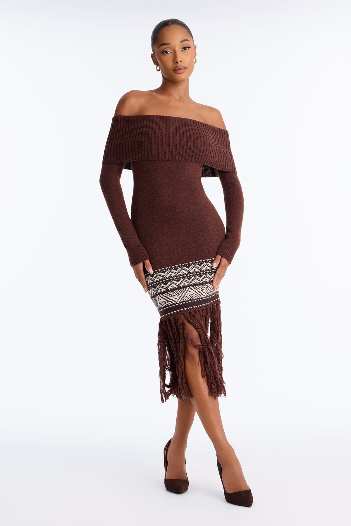 Tahoe Fringe Off Shoulder Sweater Midi Dress - Chocolate