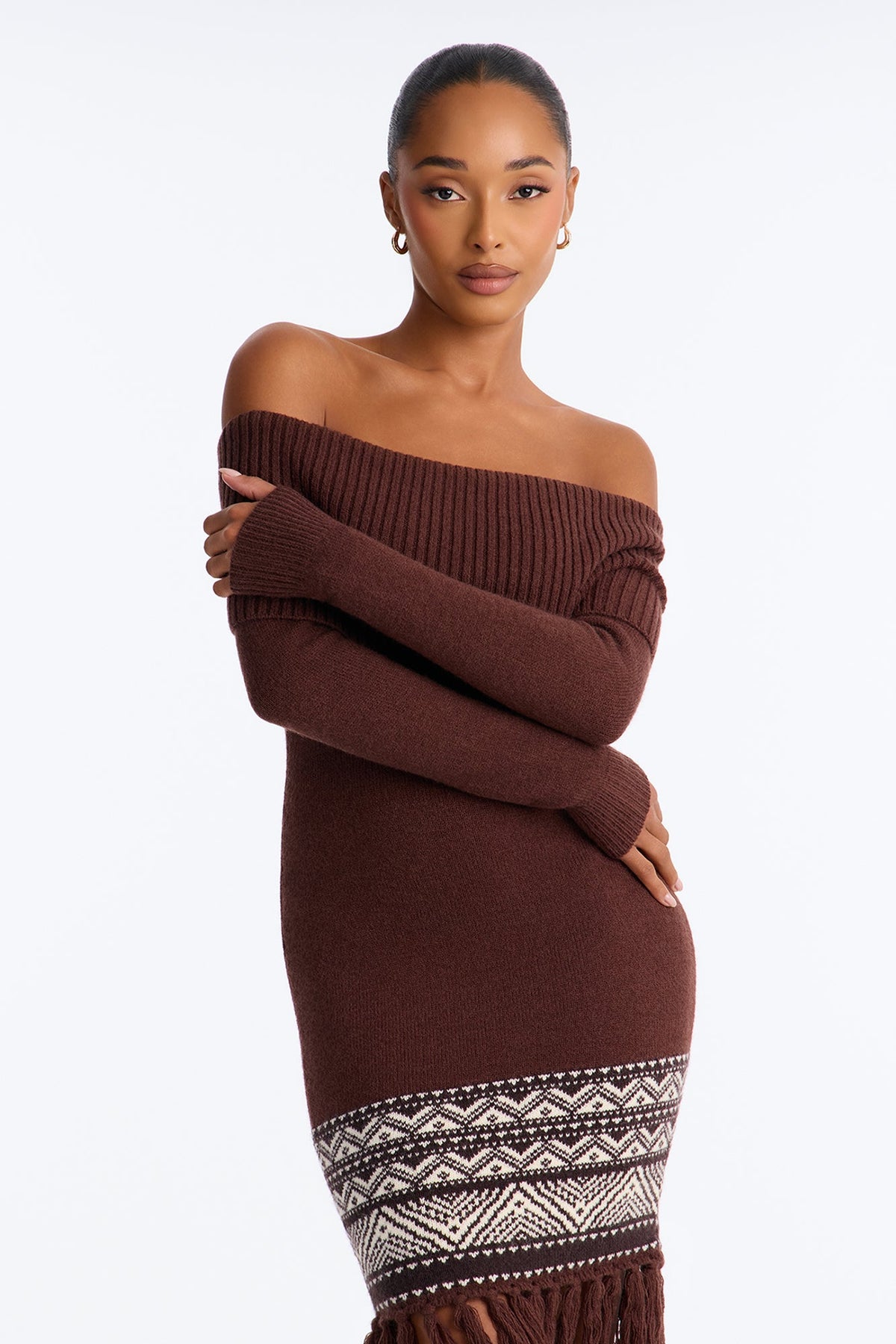 Tahoe Fringe Off Shoulder Sweater Midi Dress - Chocolate