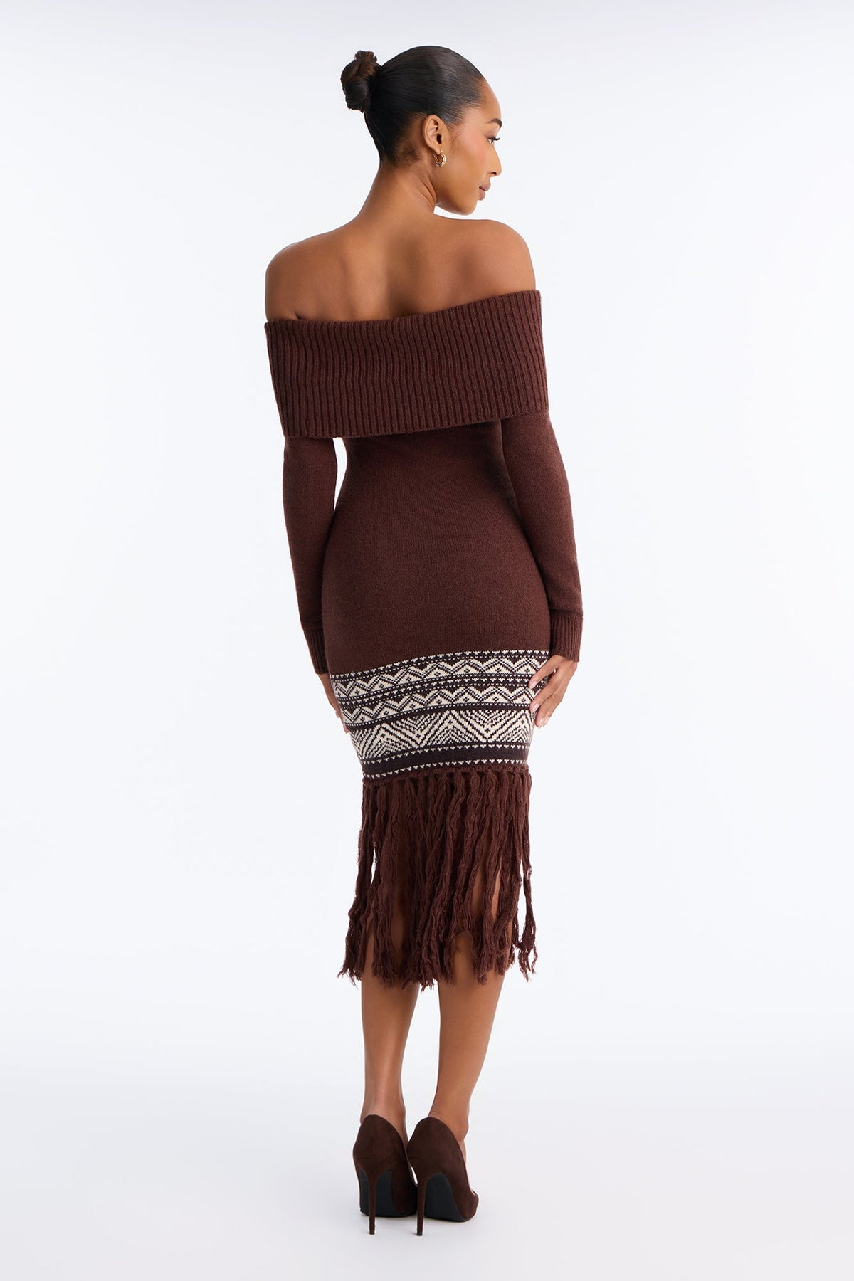 Tahoe Fringe Off Shoulder Sweater Midi Dress - Chocolate
