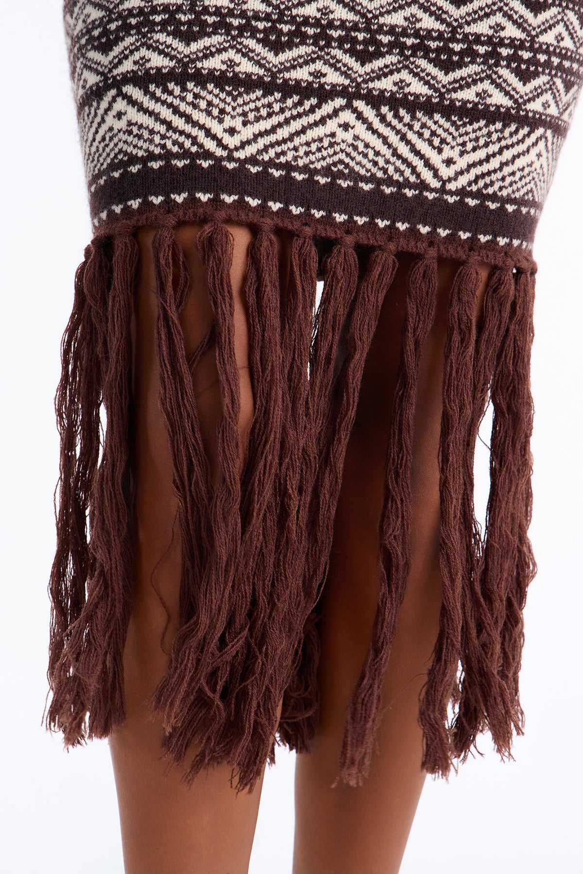 Tahoe Fringe Off Shoulder Sweater Midi Dress - Chocolate