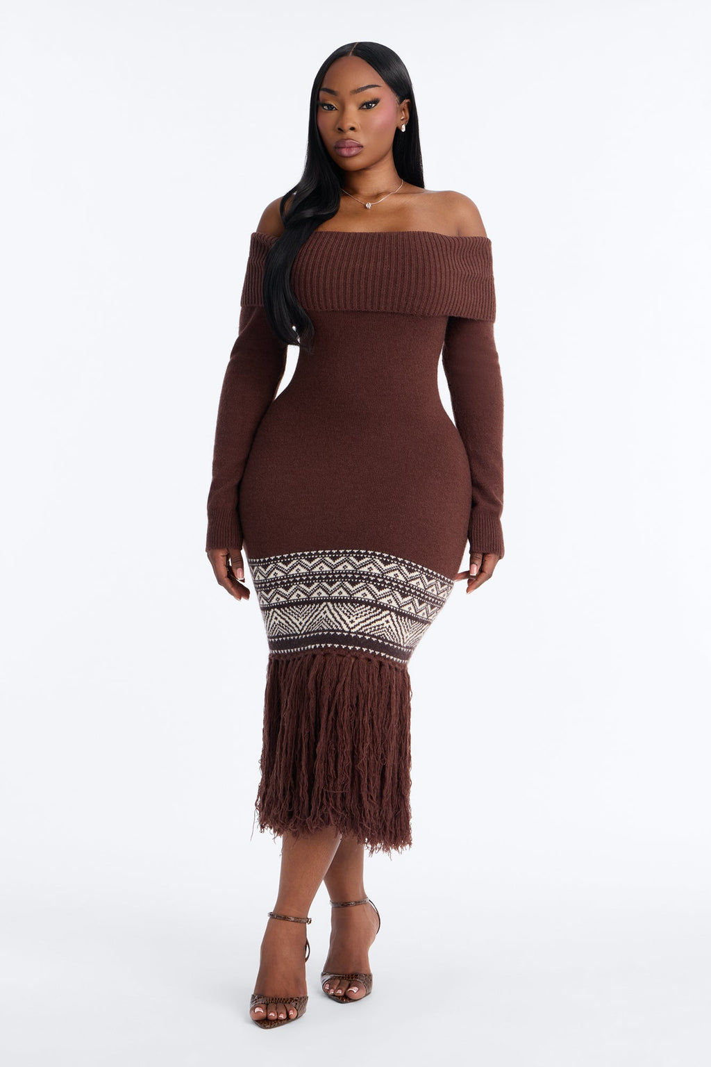 Tahoe Fringe Off Shoulder Sweater Midi Dress - Chocolate