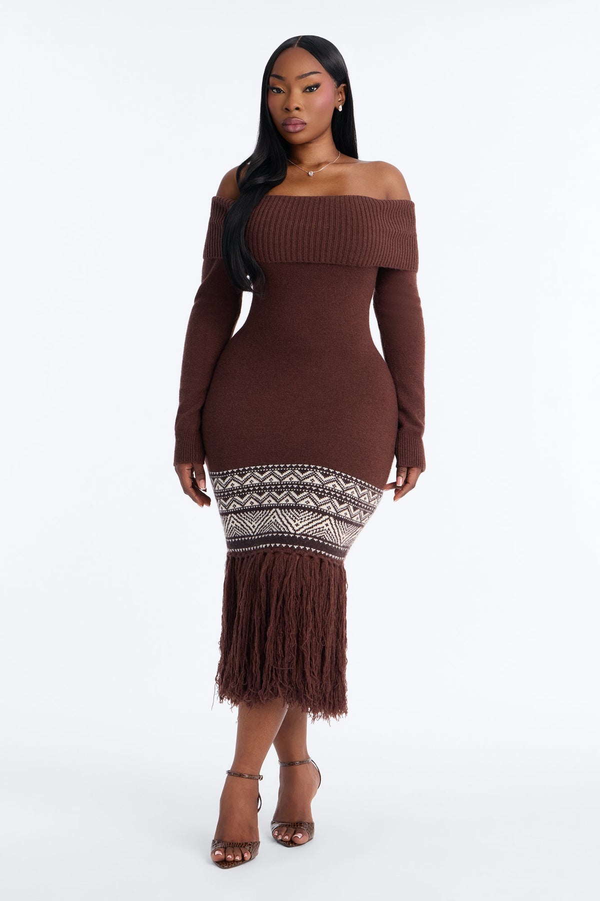 Tahoe Fringe Off Shoulder Sweater Midi Dress - Chocolate