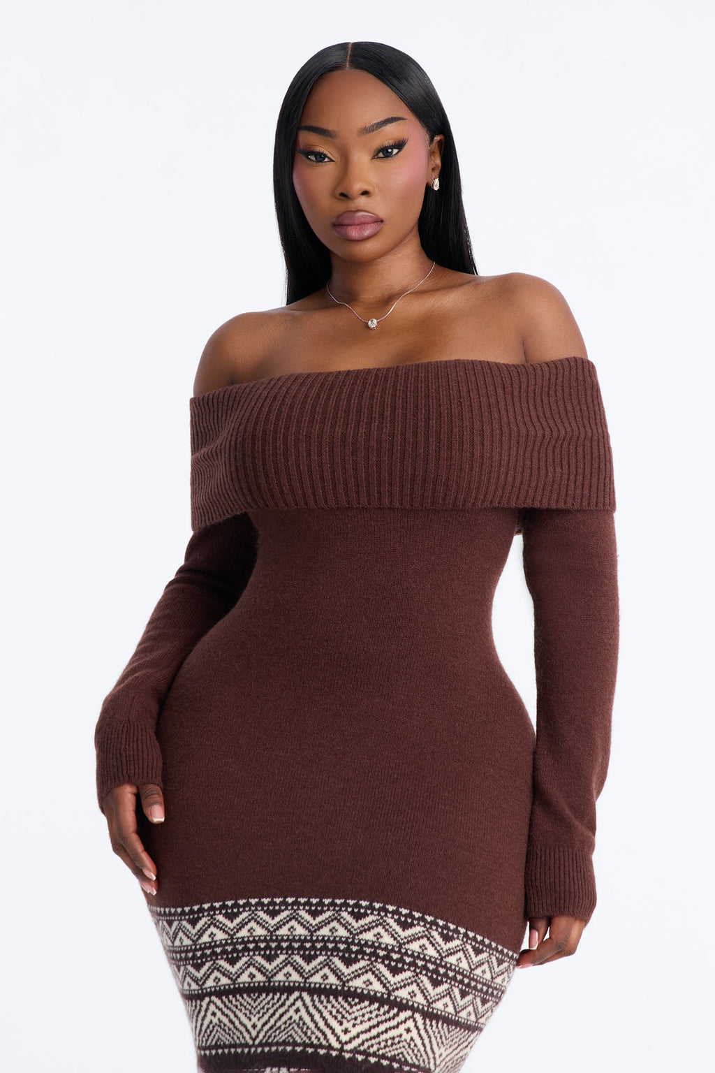 Tahoe Fringe Off Shoulder Sweater Midi Dress - Chocolate
