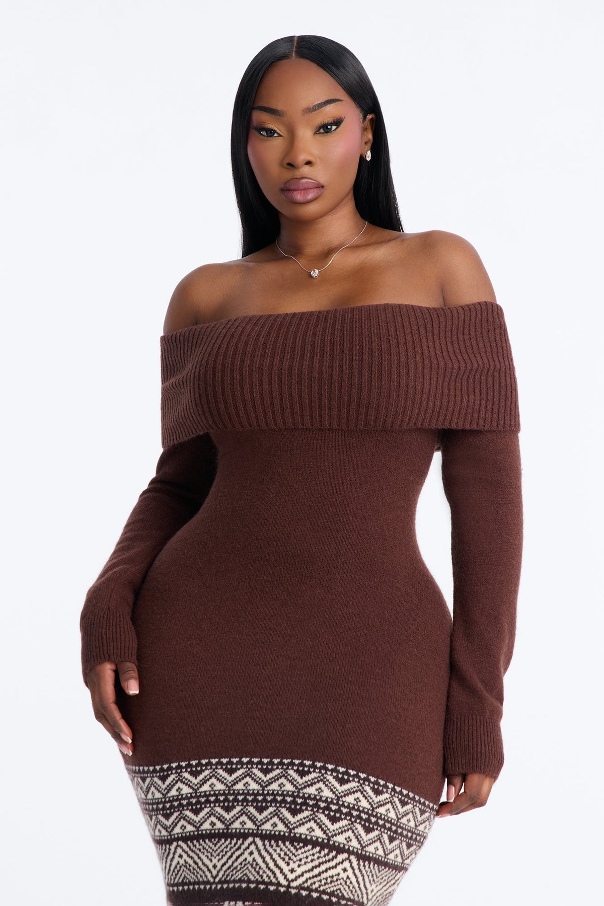 Tahoe Fringe Off Shoulder Sweater Midi Dress - Chocolate