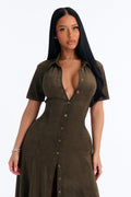 Elsa Woven Faux Suede Shirt Maxi Dress - Olive