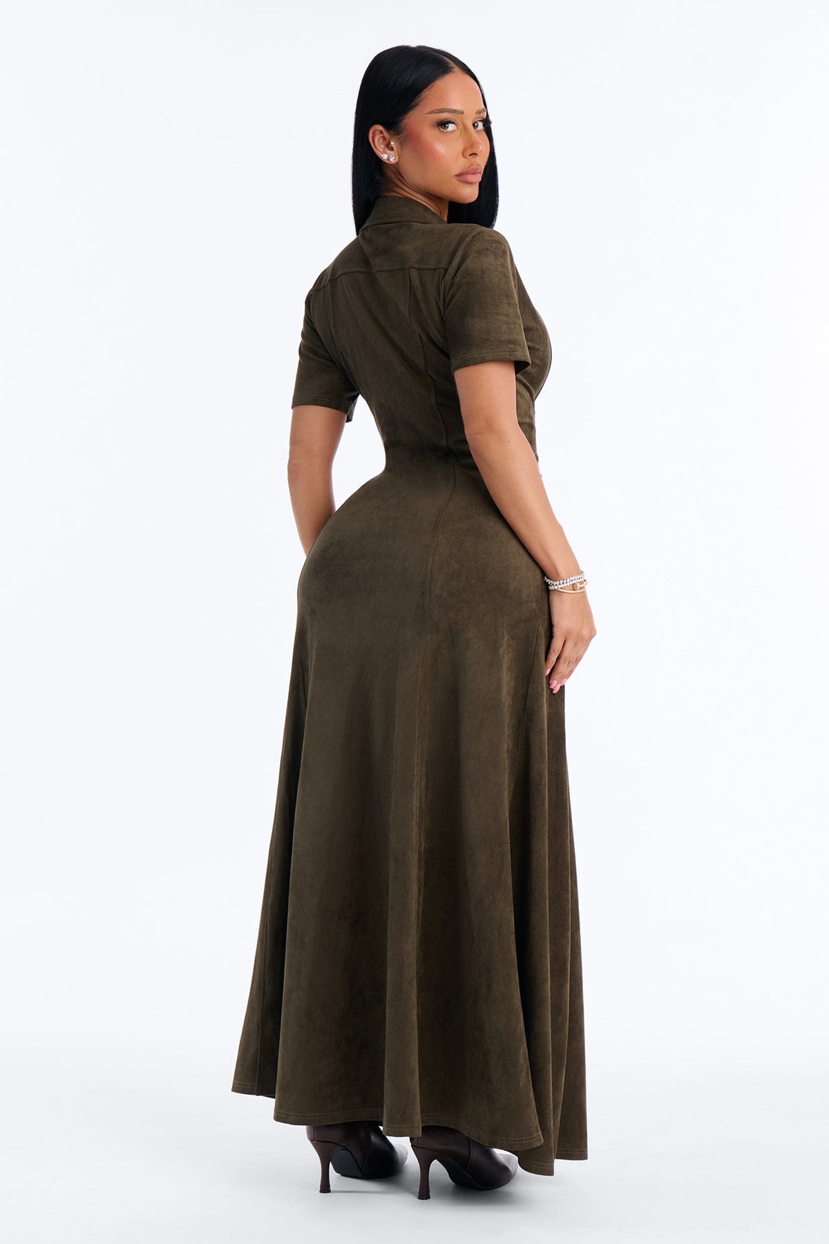 Elsa Woven Faux Suede Shirt Maxi Dress - Olive