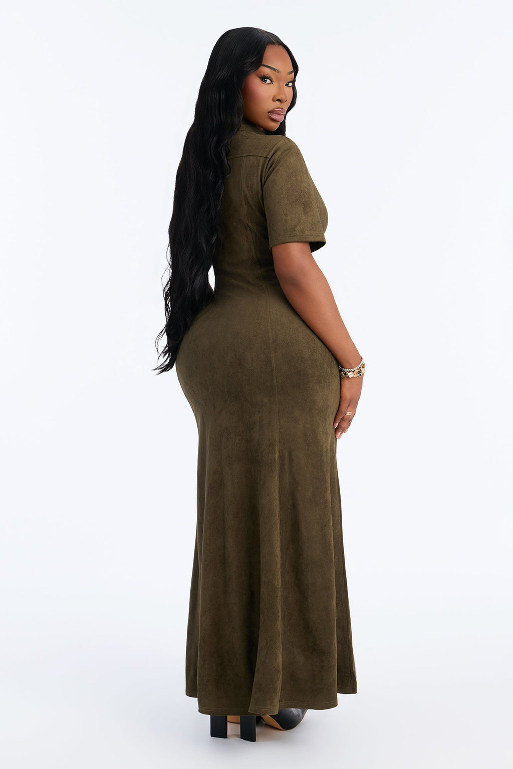 Elsa Woven Faux Suede Shirt Maxi Dress - Olive