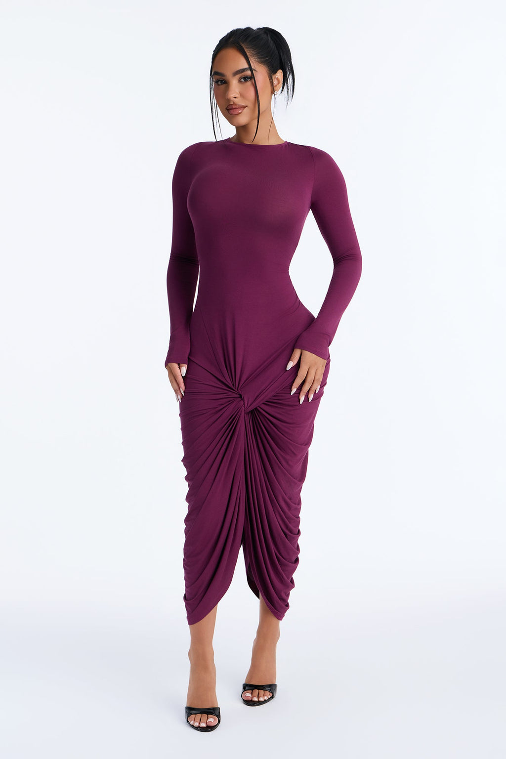 Rhonda Ruched Long Sleeve Midi Dress - Plum