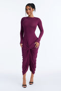 Rhonda Ruched Long Sleeve Midi Dress - Plum