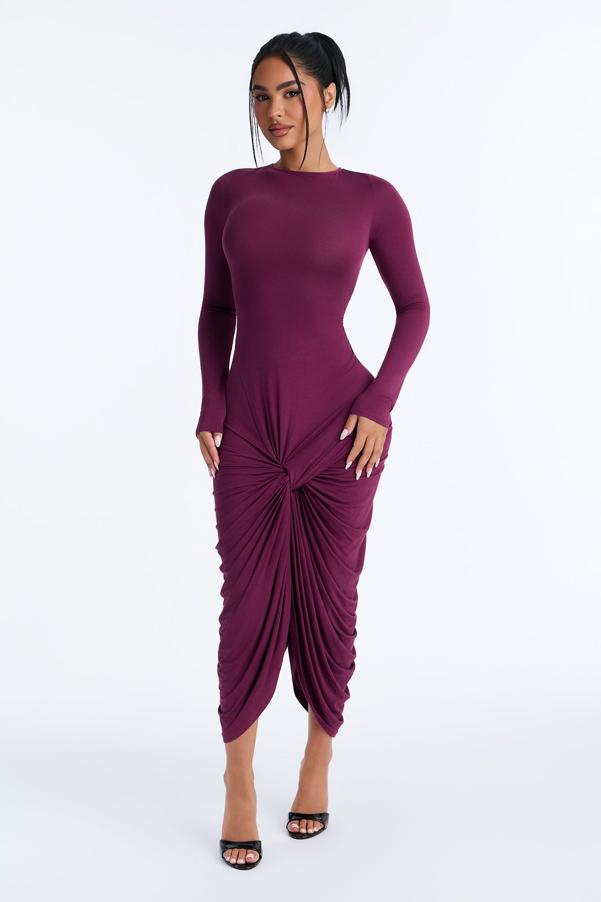 Rhonda Ruched Long Sleeve Midi Dress - Plum