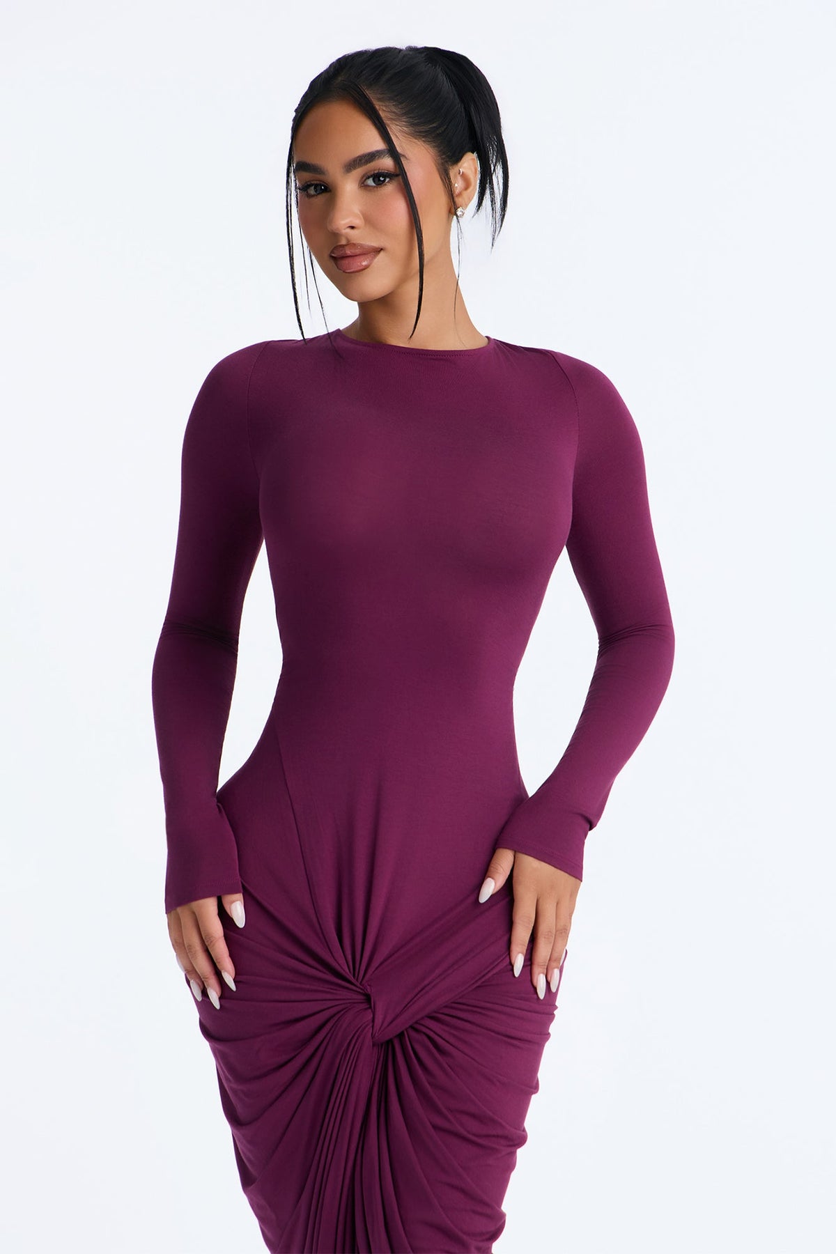 Rhonda Ruched Long Sleeve Midi Dress - Plum