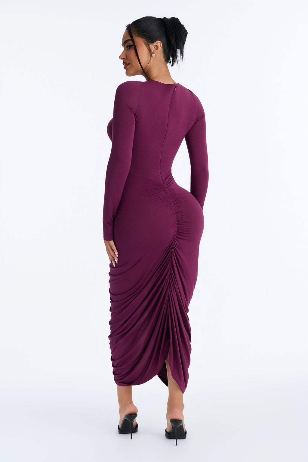 Rhonda Ruched Long Sleeve Midi Dress - Plum