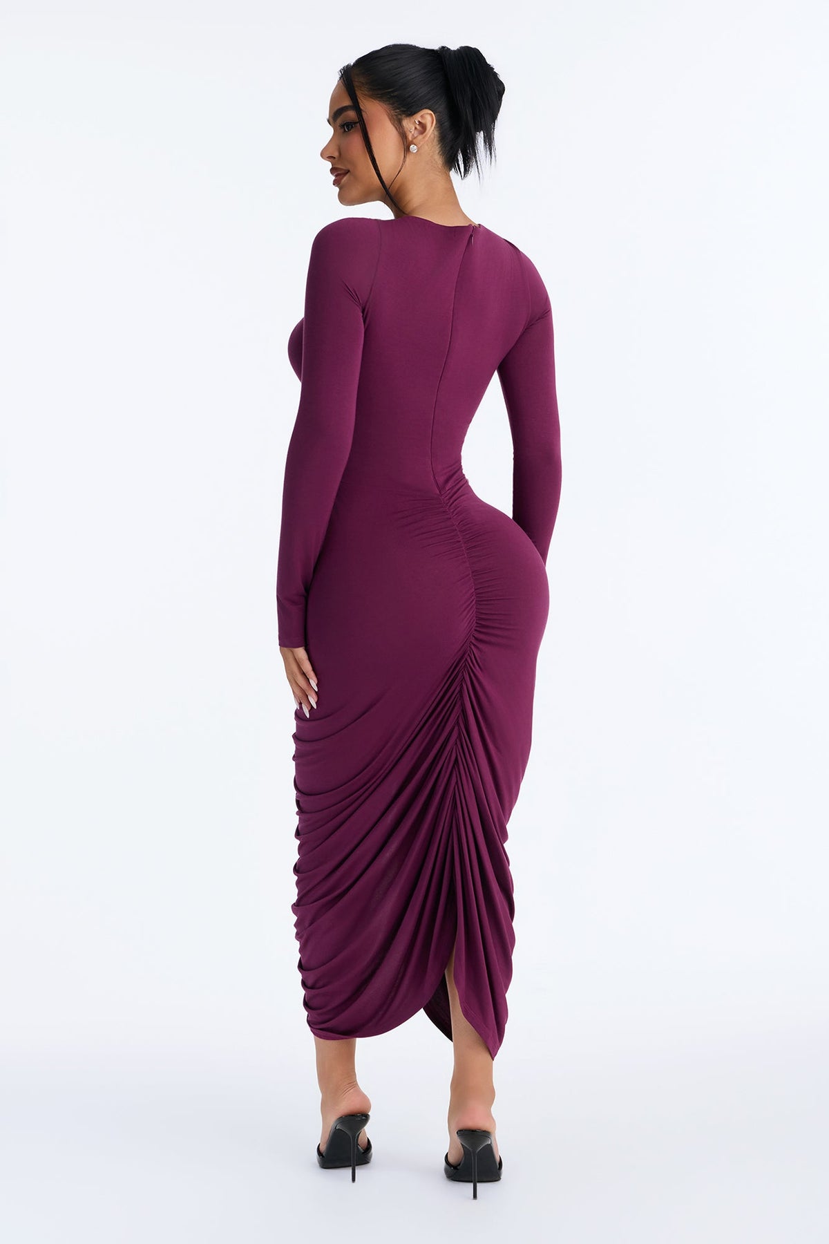 Rhonda Ruched Long Sleeve Midi Dress - Plum