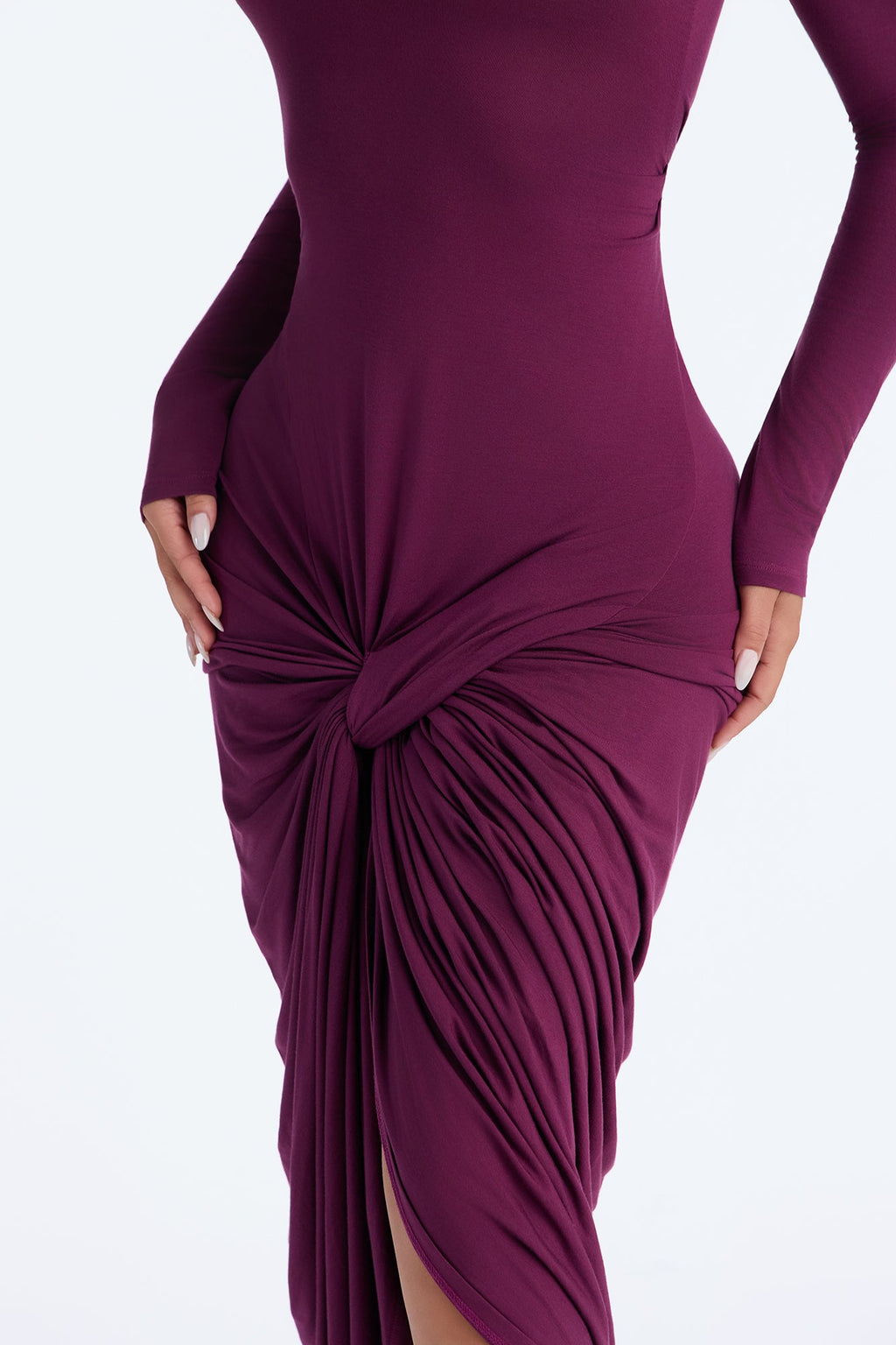 Rhonda Ruched Long Sleeve Midi Dress - Plum