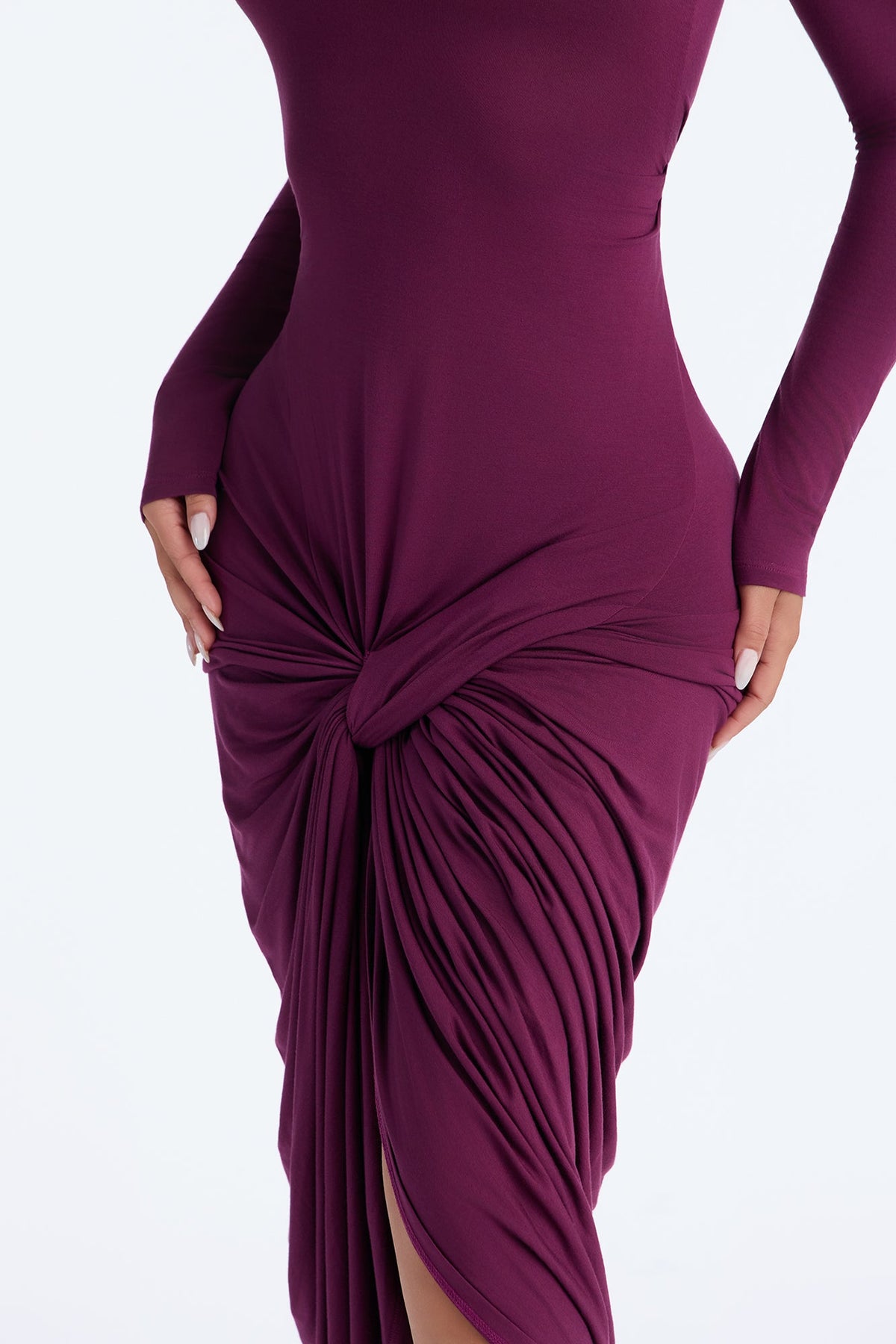 Rhonda Ruched Long Sleeve Midi Dress - Plum