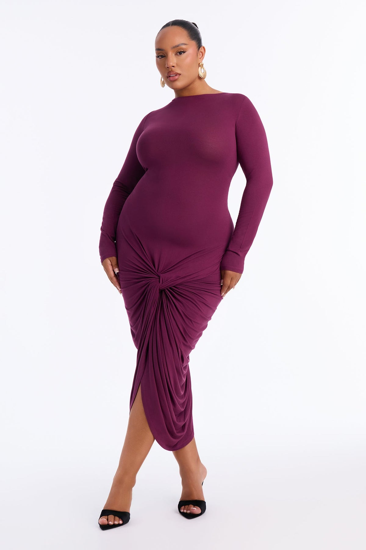 Rhonda Ruched Long Sleeve Midi Dress - Plum