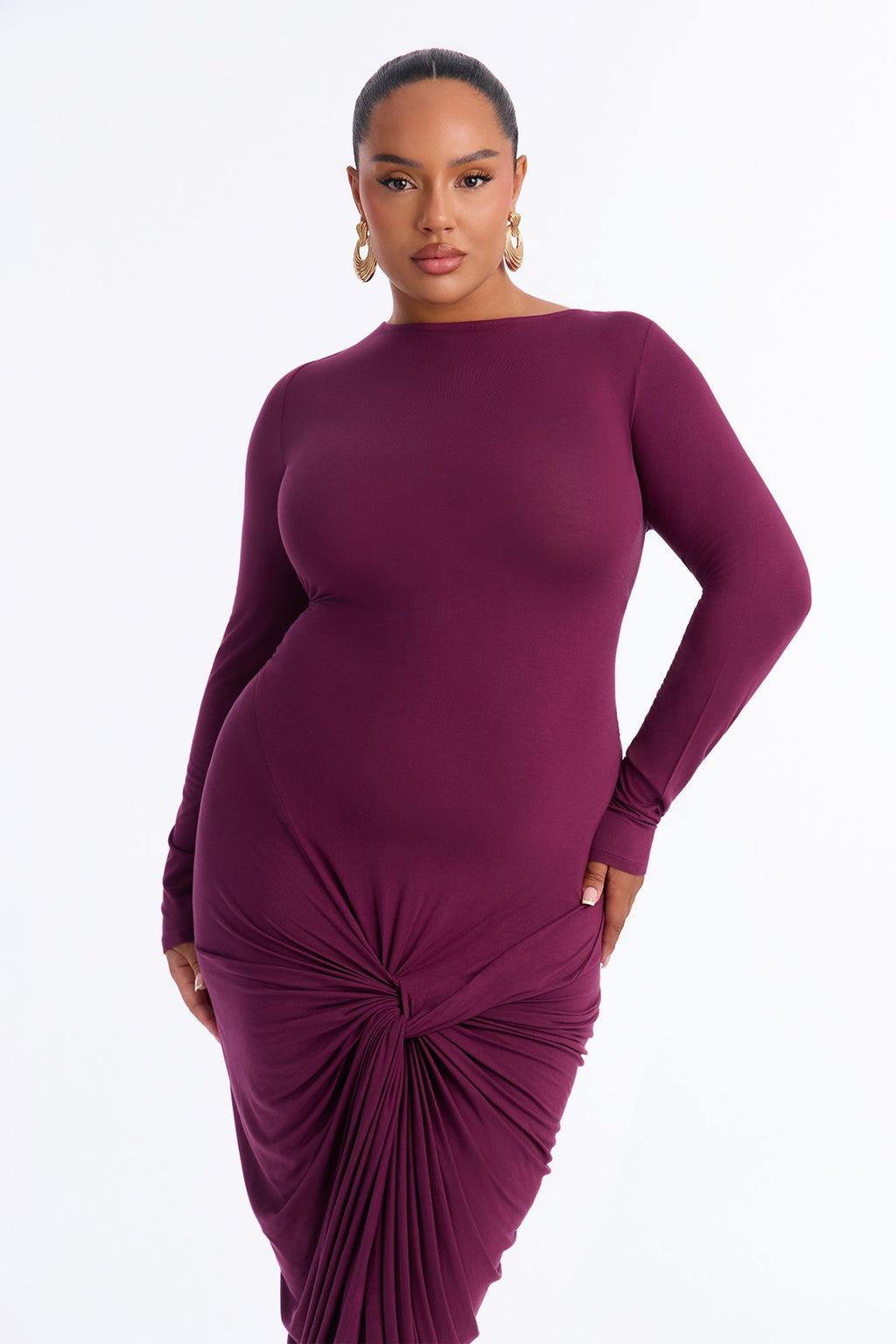 Rhonda Ruched Long Sleeve Midi Dress - Plum