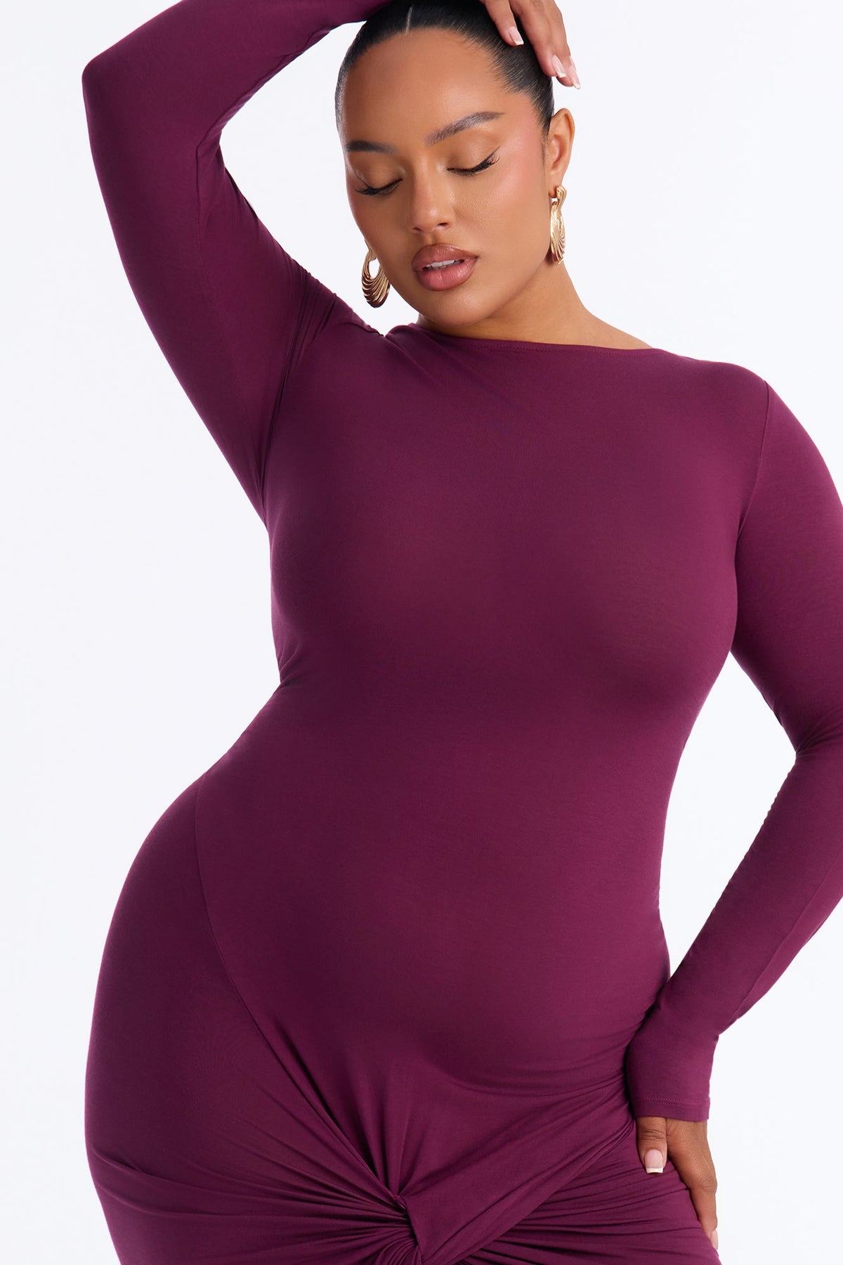 Rhonda Ruched Long Sleeve Midi Dress - Plum