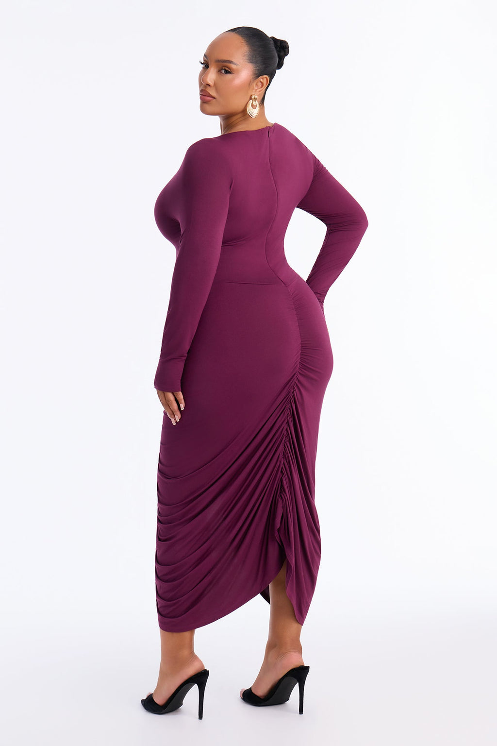 Rhonda Ruched Long Sleeve Midi Dress - Plum