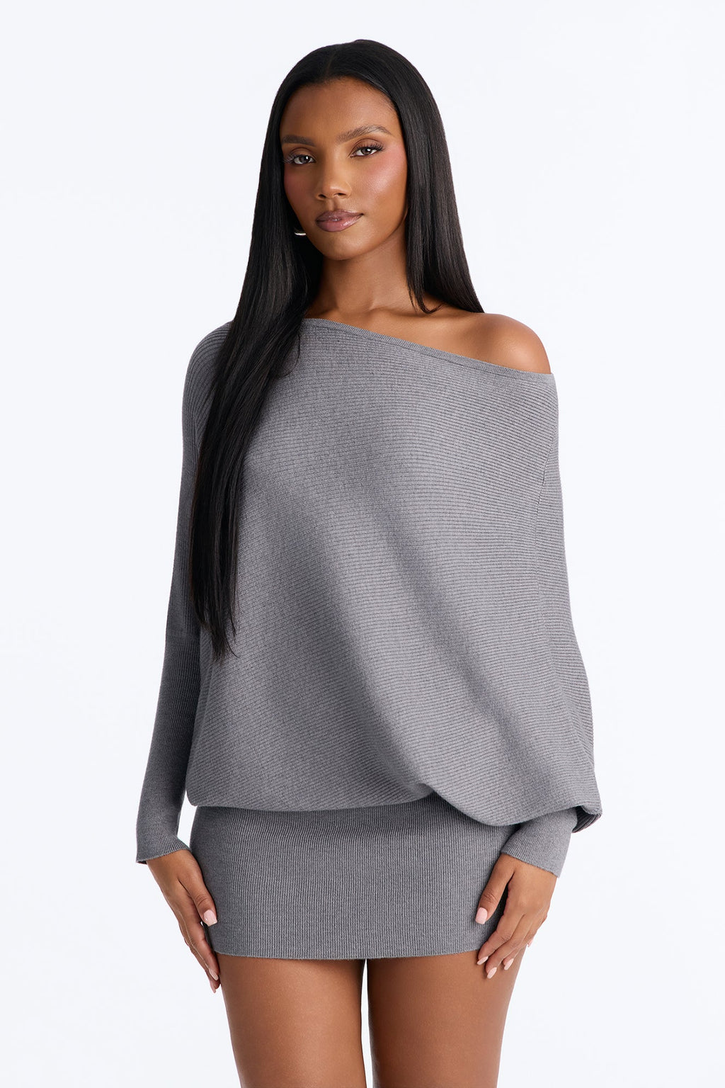 Arianna Off Shoulder Sweater Mini Dress - Grey