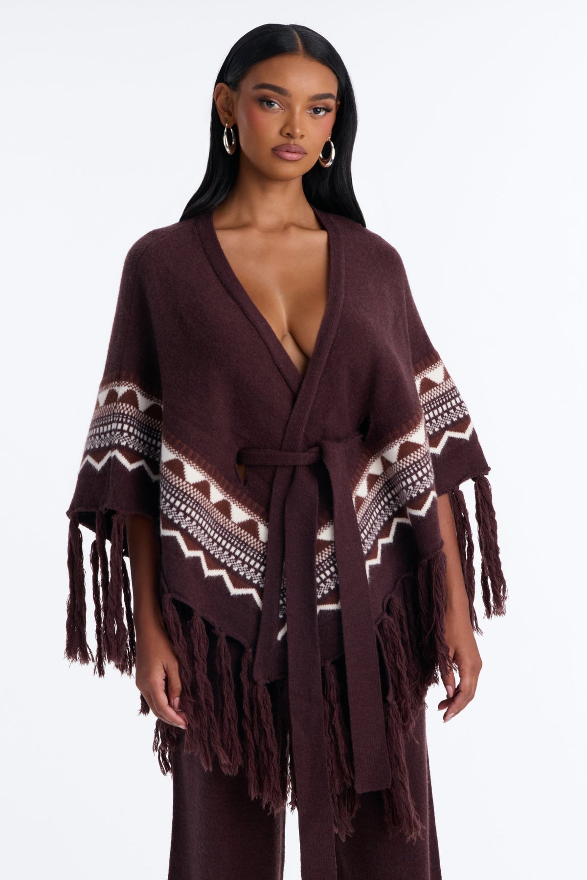 Willow Fringe Poncho Sweater Pant Set - Chocolate