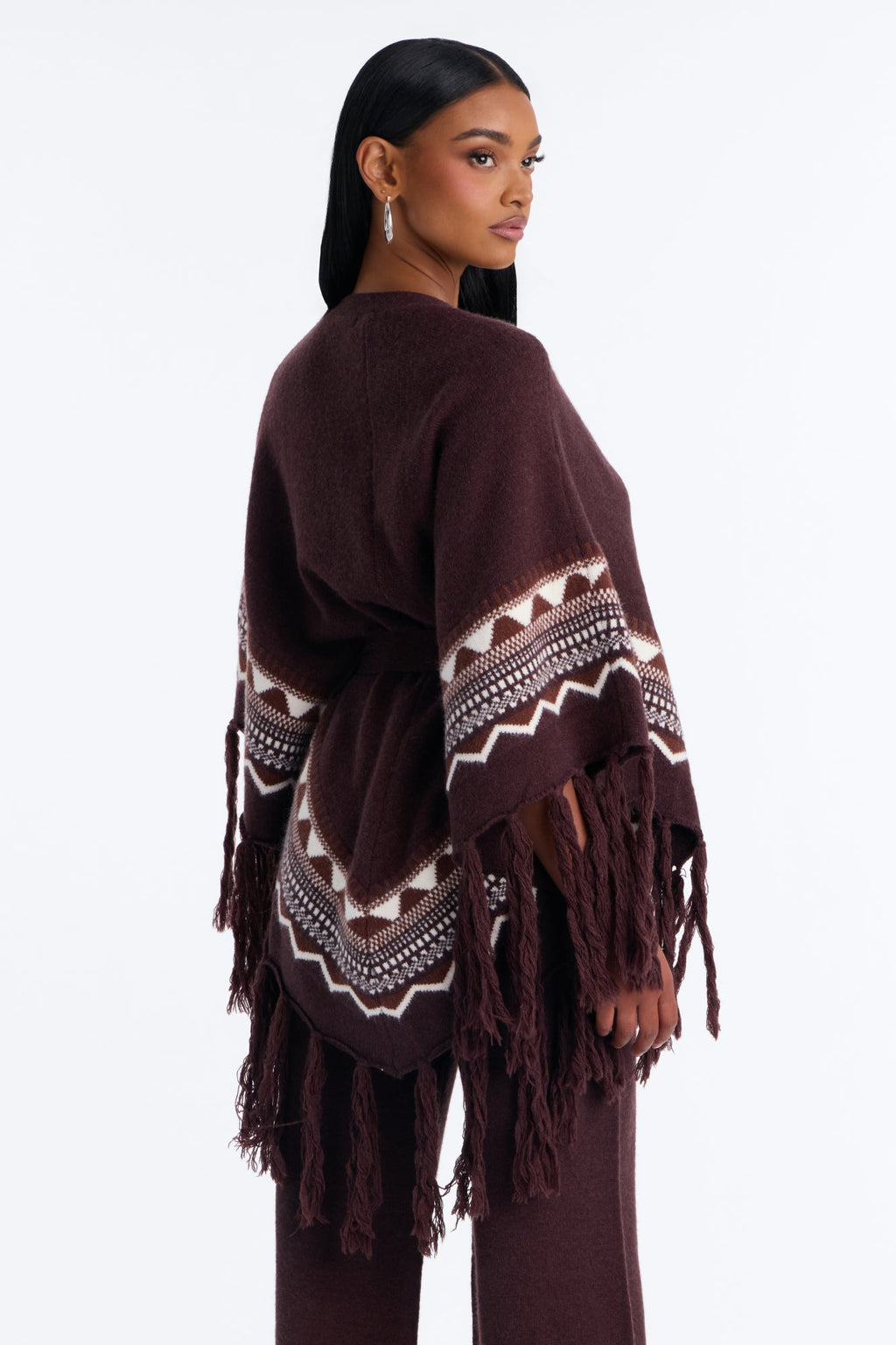 Willow Fringe Poncho Sweater Pant Set - Chocolate
