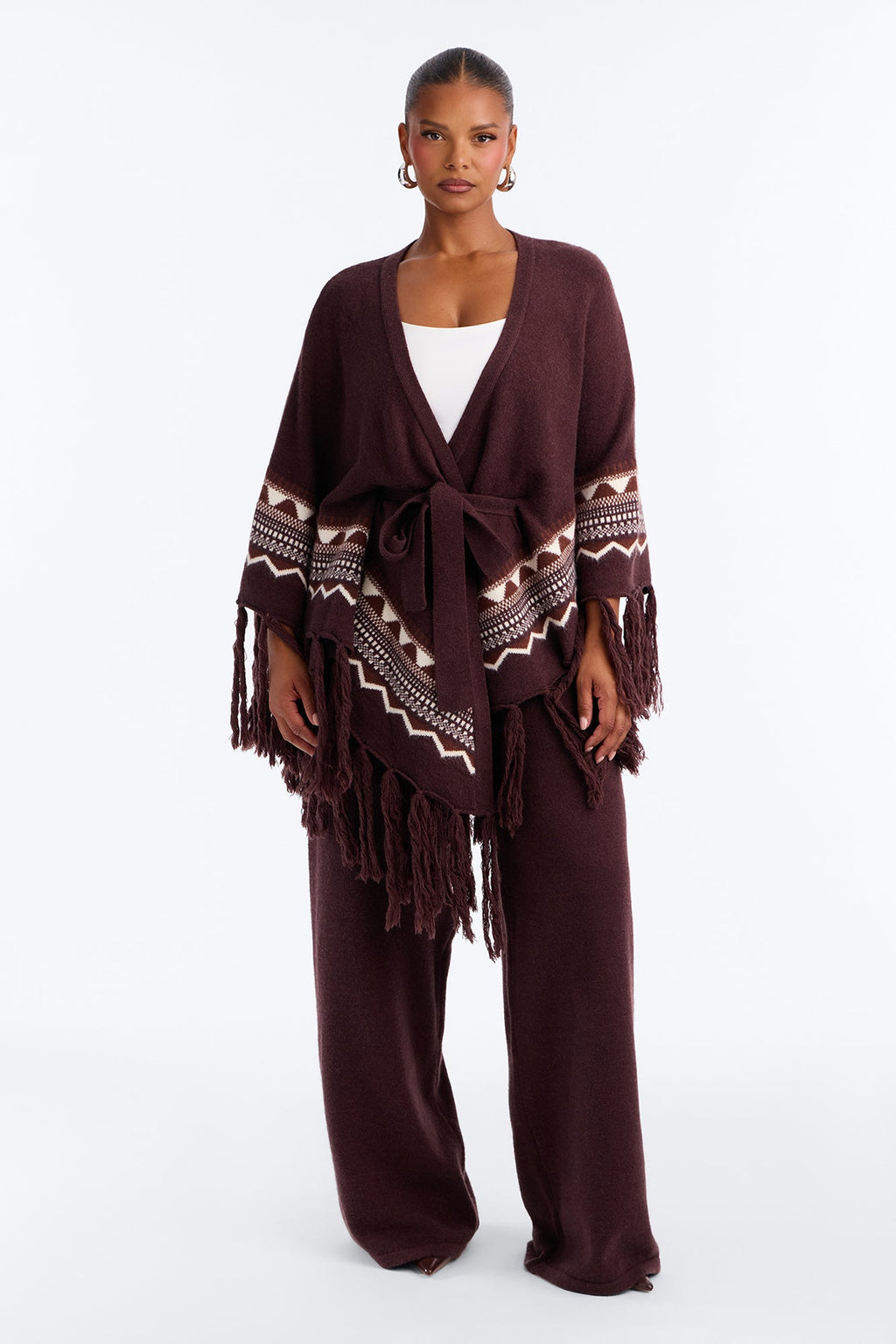 Willow Fringe Poncho Sweater Pant Set - Chocolate