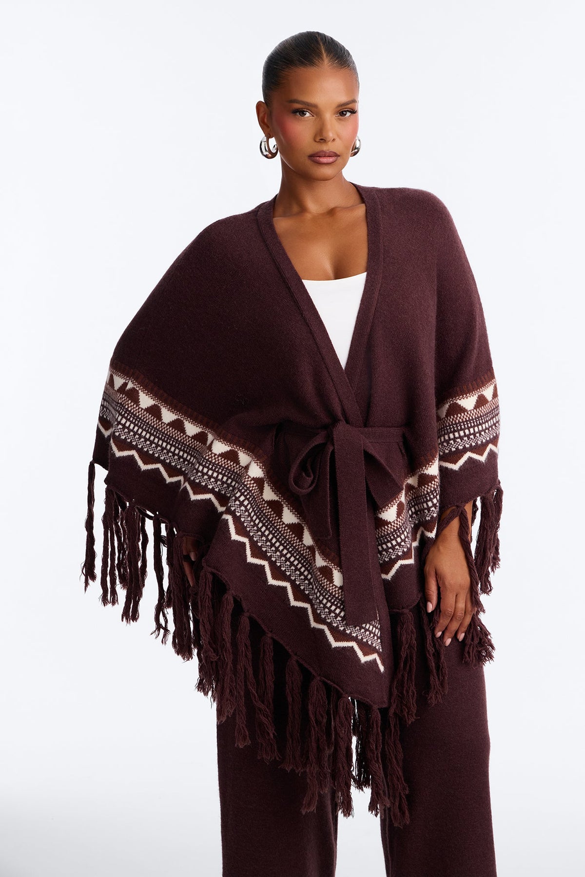Willow Fringe Poncho Sweater Pant Set - Chocolate