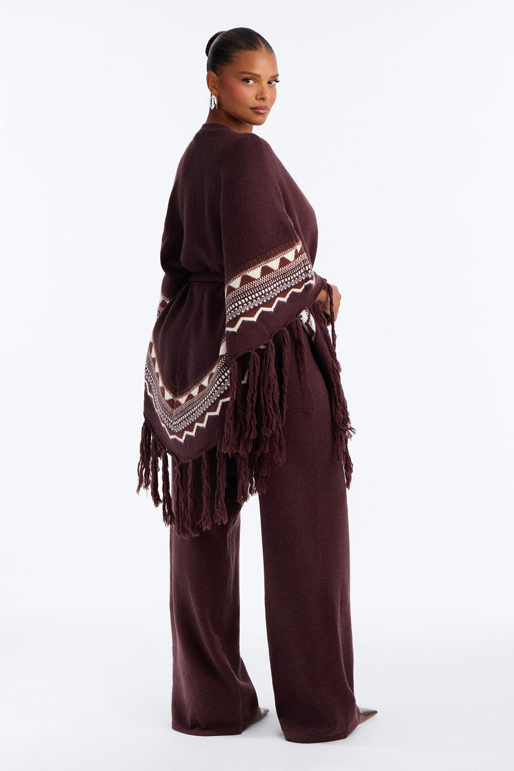 Willow Fringe Poncho Sweater Pant Set - Chocolate