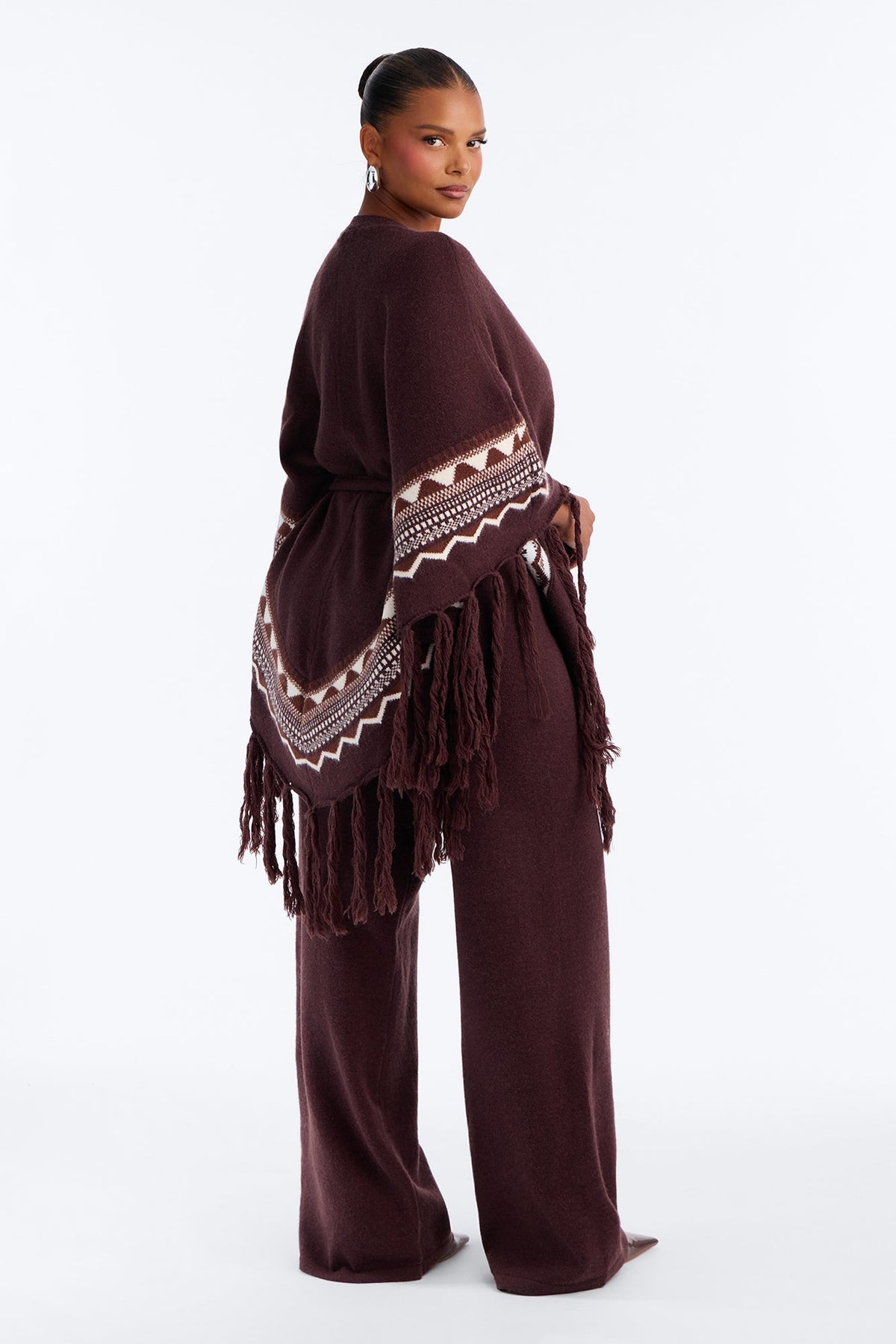 Willow Fringe Poncho Sweater Pant Set - Chocolate