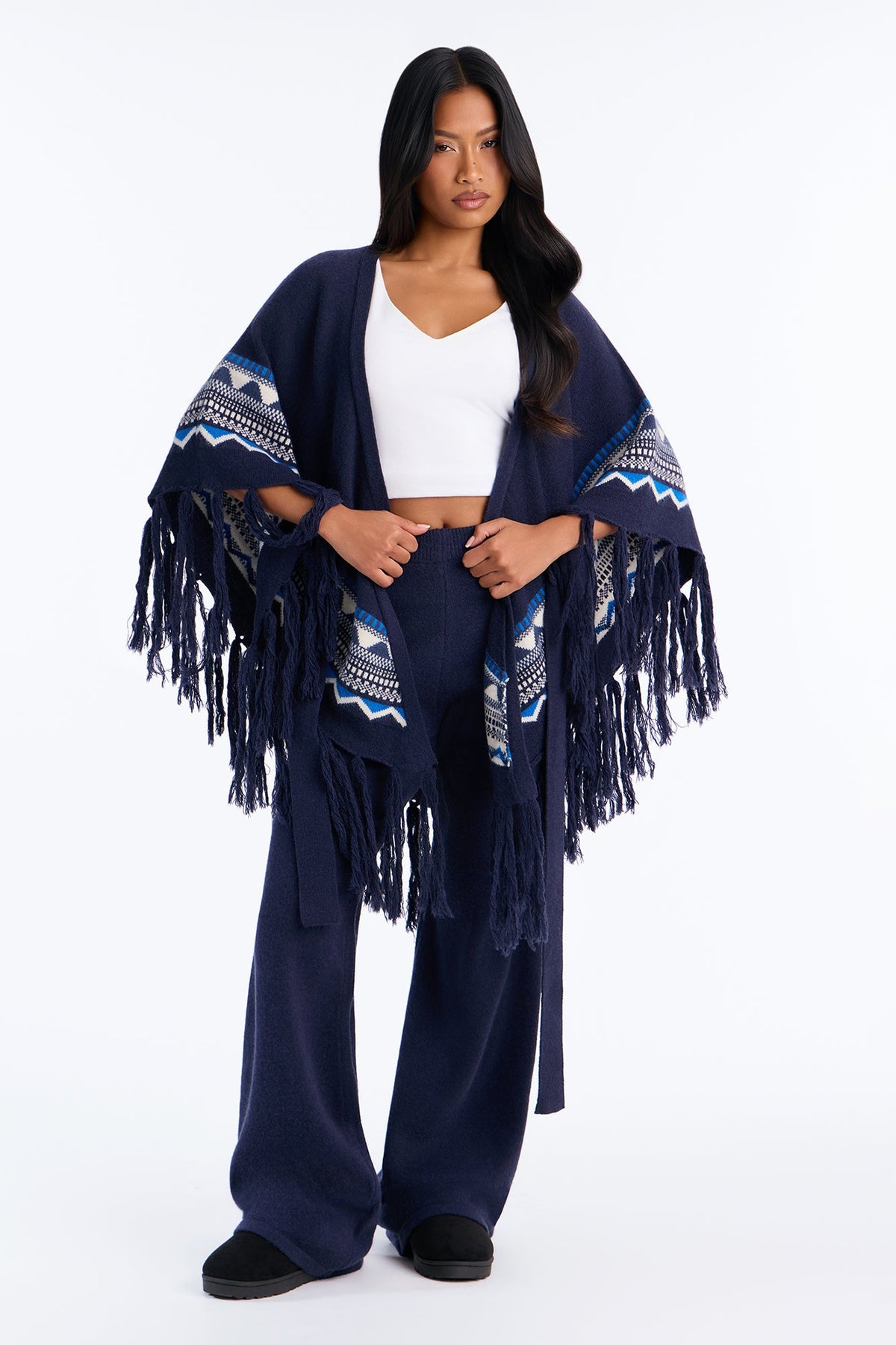 Willow Fringe Poncho Sweater Pant Set - Navy