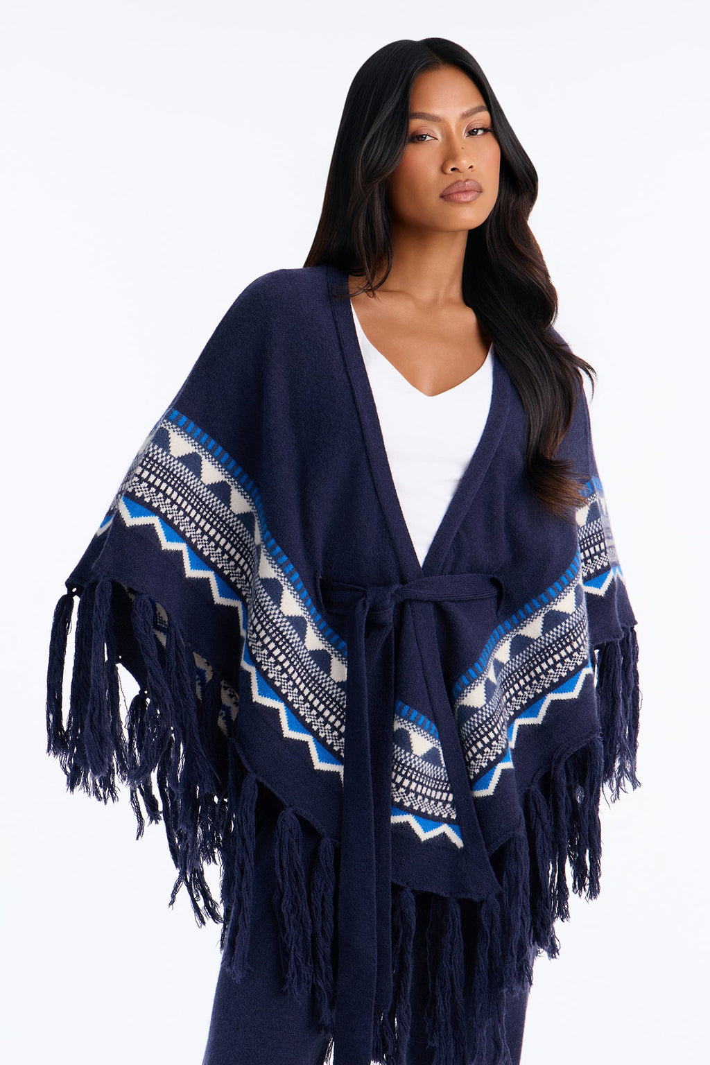 Willow Fringe Poncho Sweater Pant Set - Navy