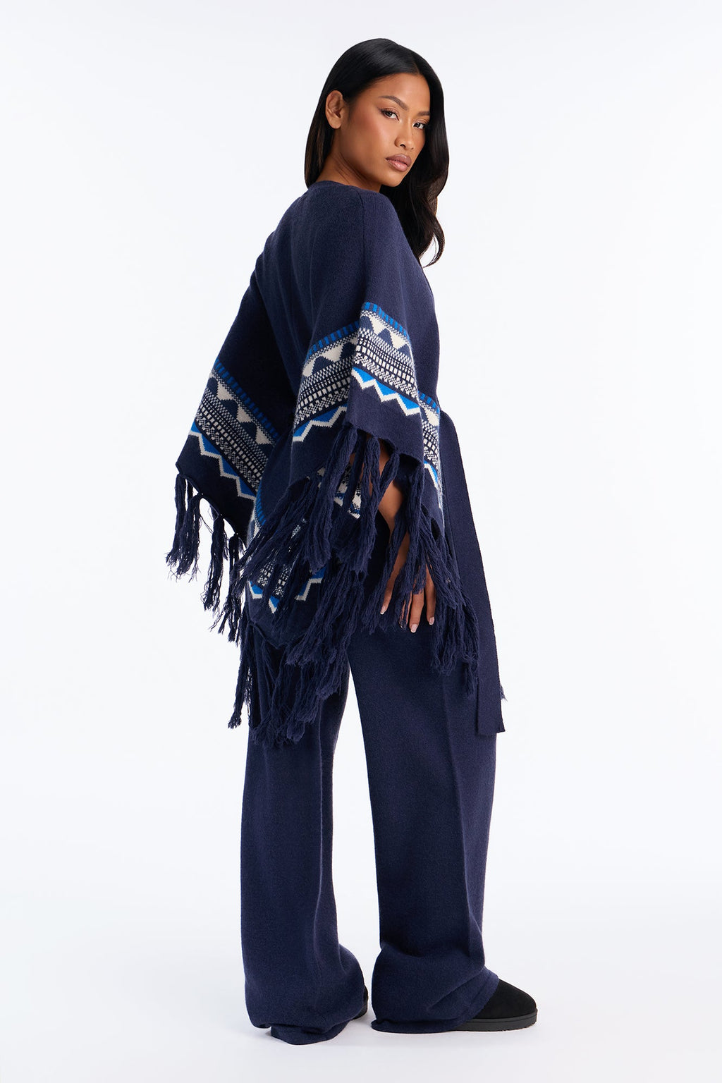Willow Fringe Poncho Sweater Pant Set - Navy