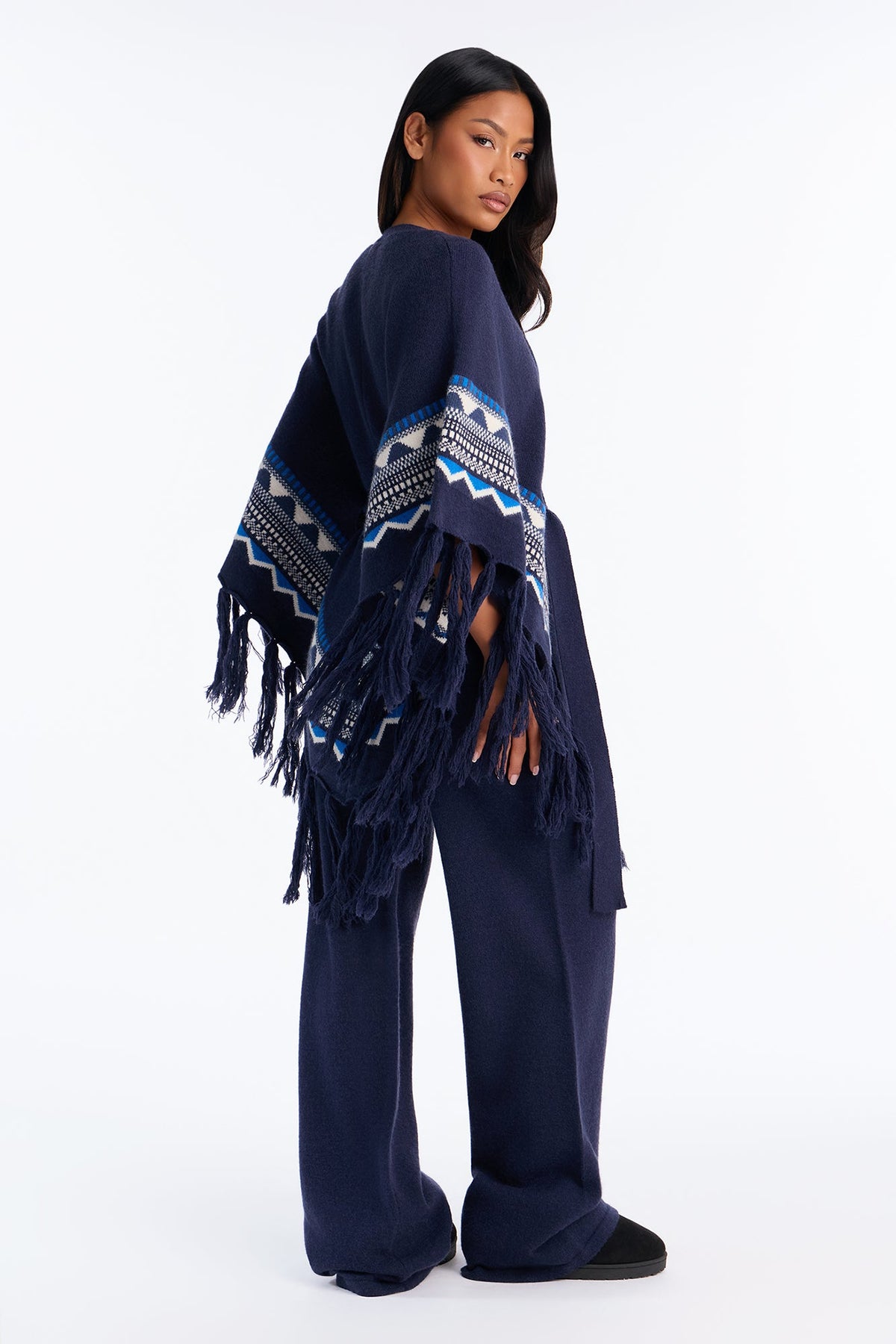 Willow Fringe Poncho Sweater Pant Set - Navy